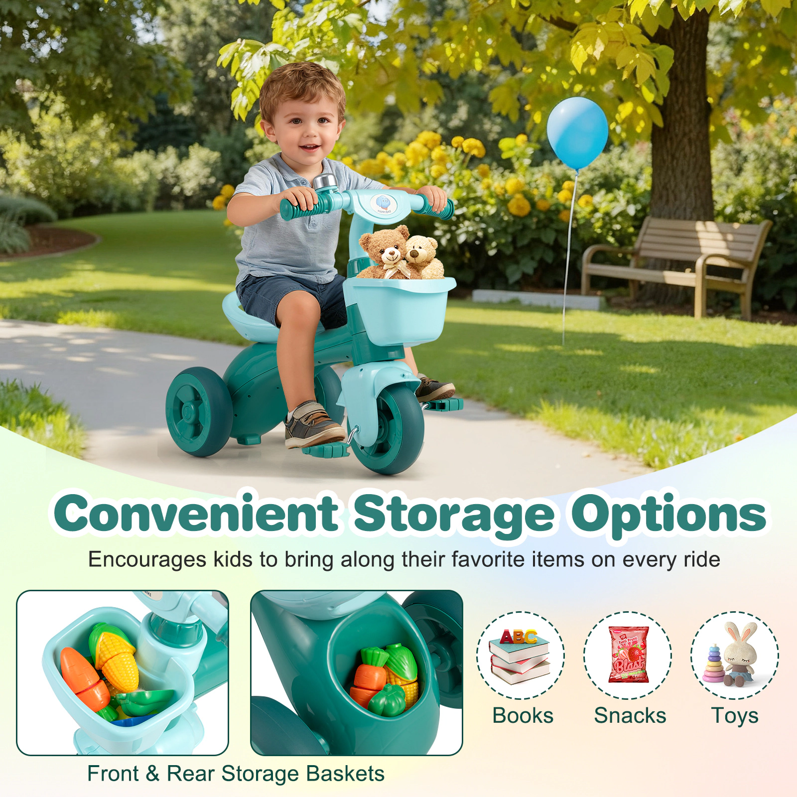 SUGIFT Toddler Tricycle Green with Limited Steering Front and Rear Baskets and Bell