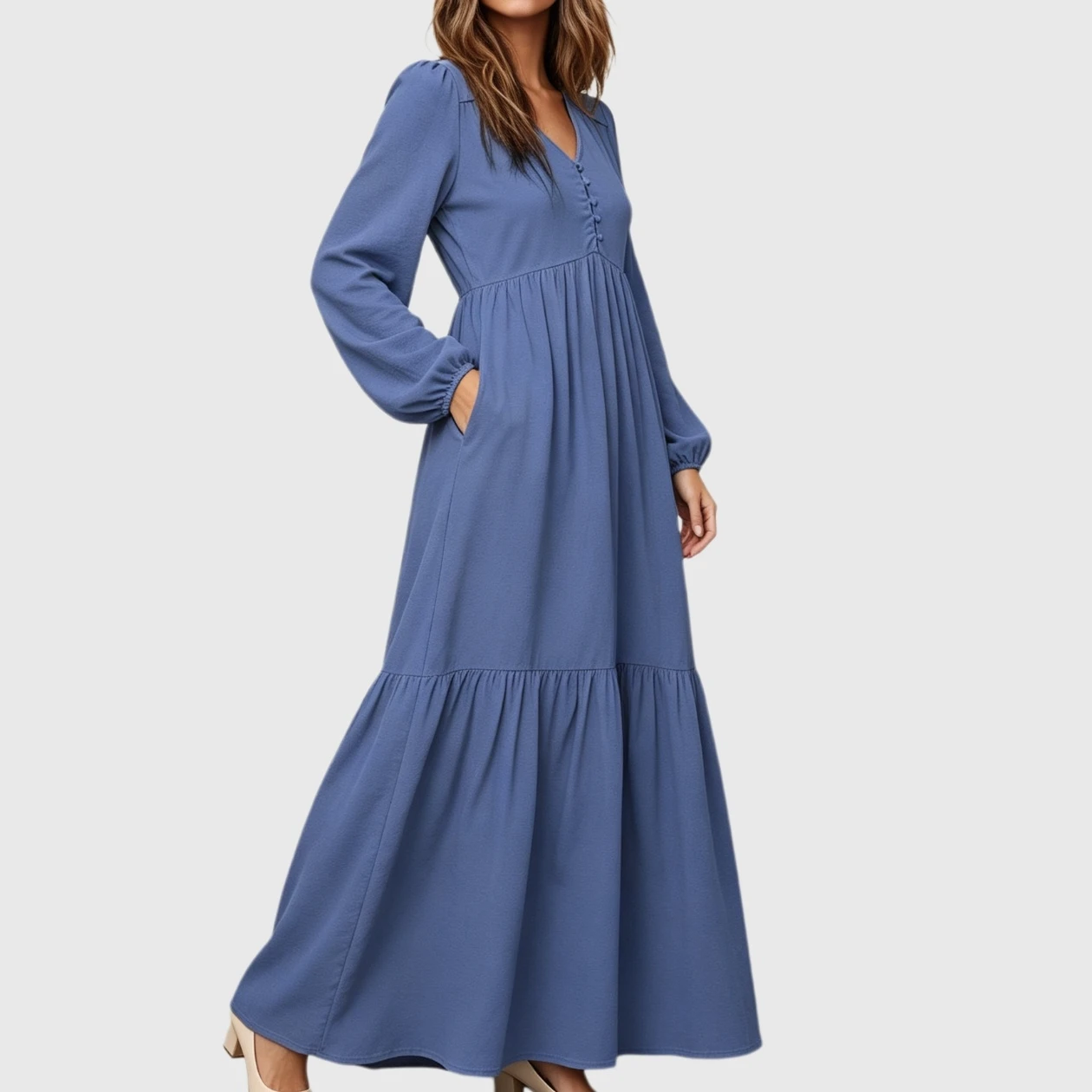 YesFashion Women's V-Neck Long Sleeve Loose Fit Flowy Boho Maxi Dress with Pockets and Buttons