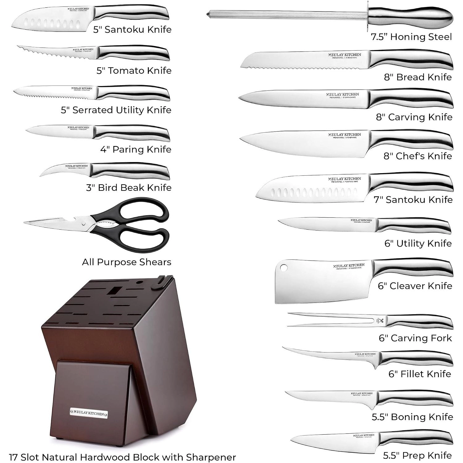 Zulay Kitchen Piece Stainless Steel Knife Set with Block and Sharpener