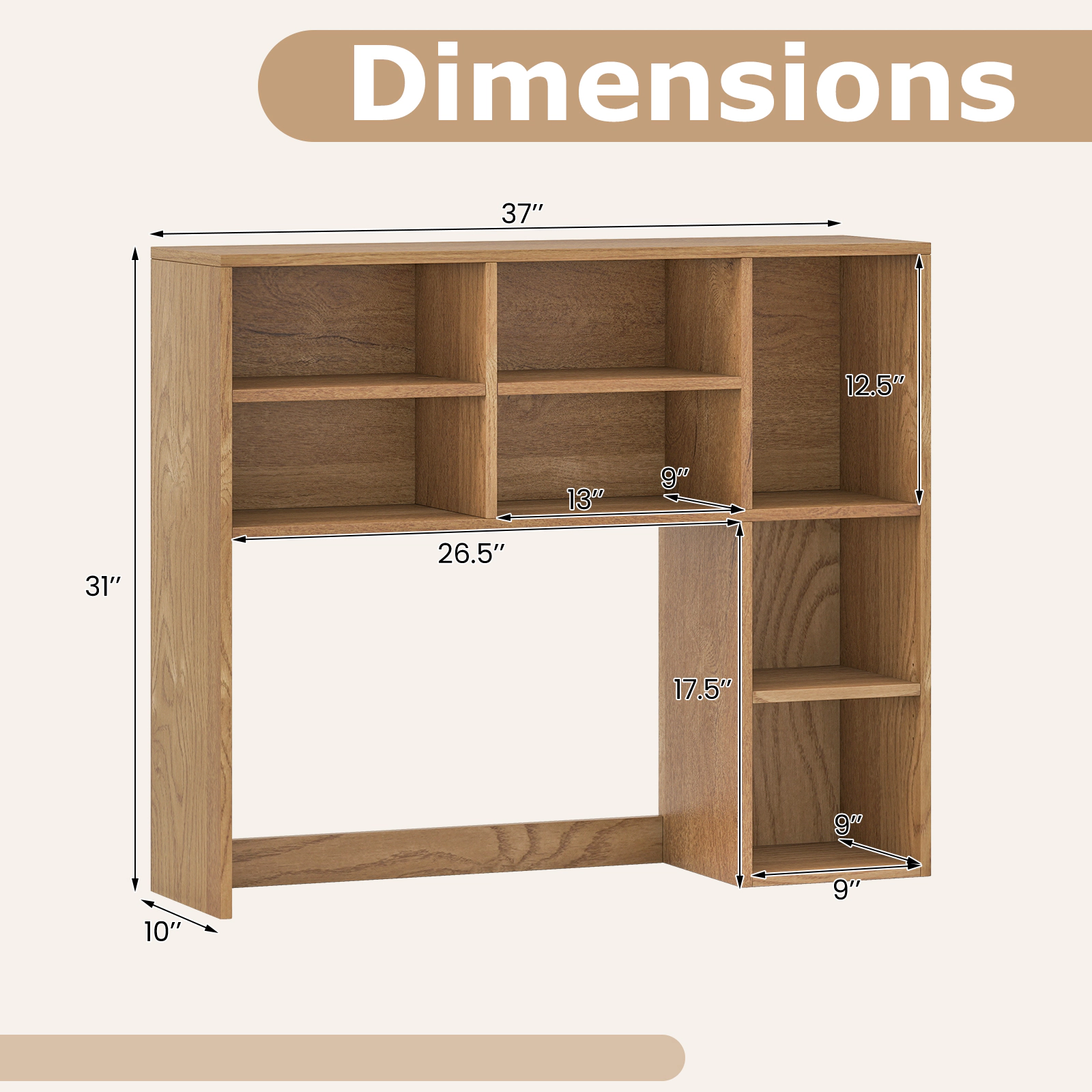 SUGIFT Desktop Bookshelf with 7 Open Cubbies and 3 Adjustable Shelves 210-lb Capacity 37-in Wide Natural Brown White