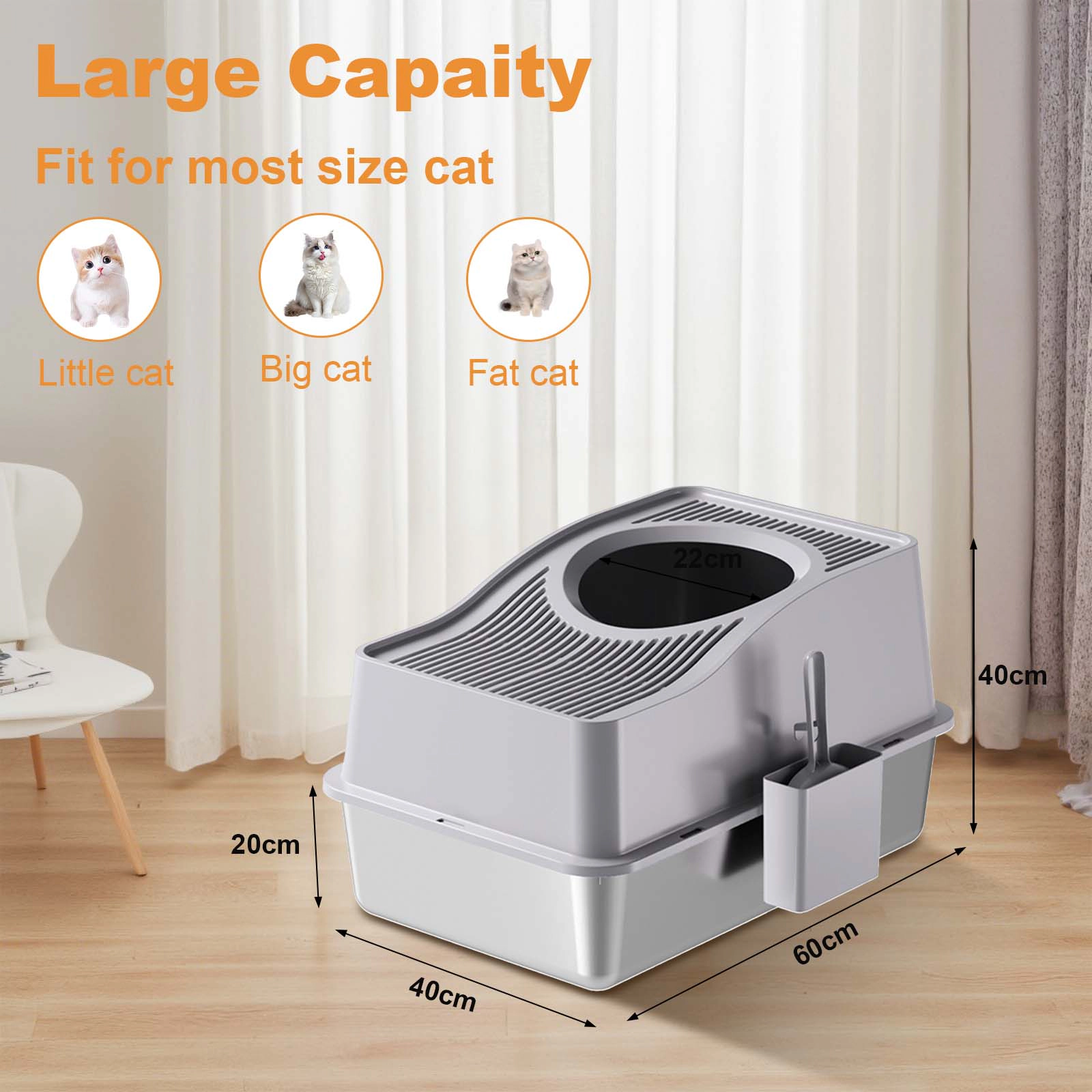 XL Enclosed Stainless-Steel Cat Litter Box, Raised Hollow-Cover Anti-Tracking Toilet 60x40x39.5cm, Gray