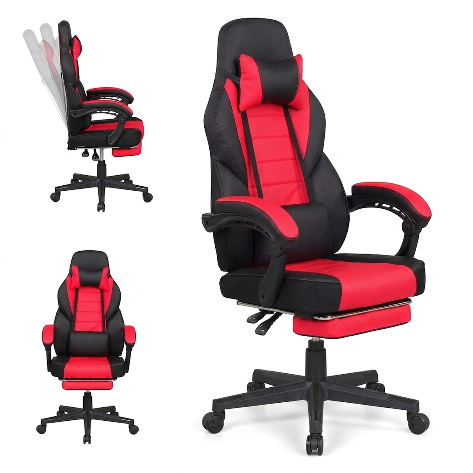 SUGIFT Red and Black Reclining Gaming Chair with 155° Recline, Footrest, Headrest and Lumbar Support