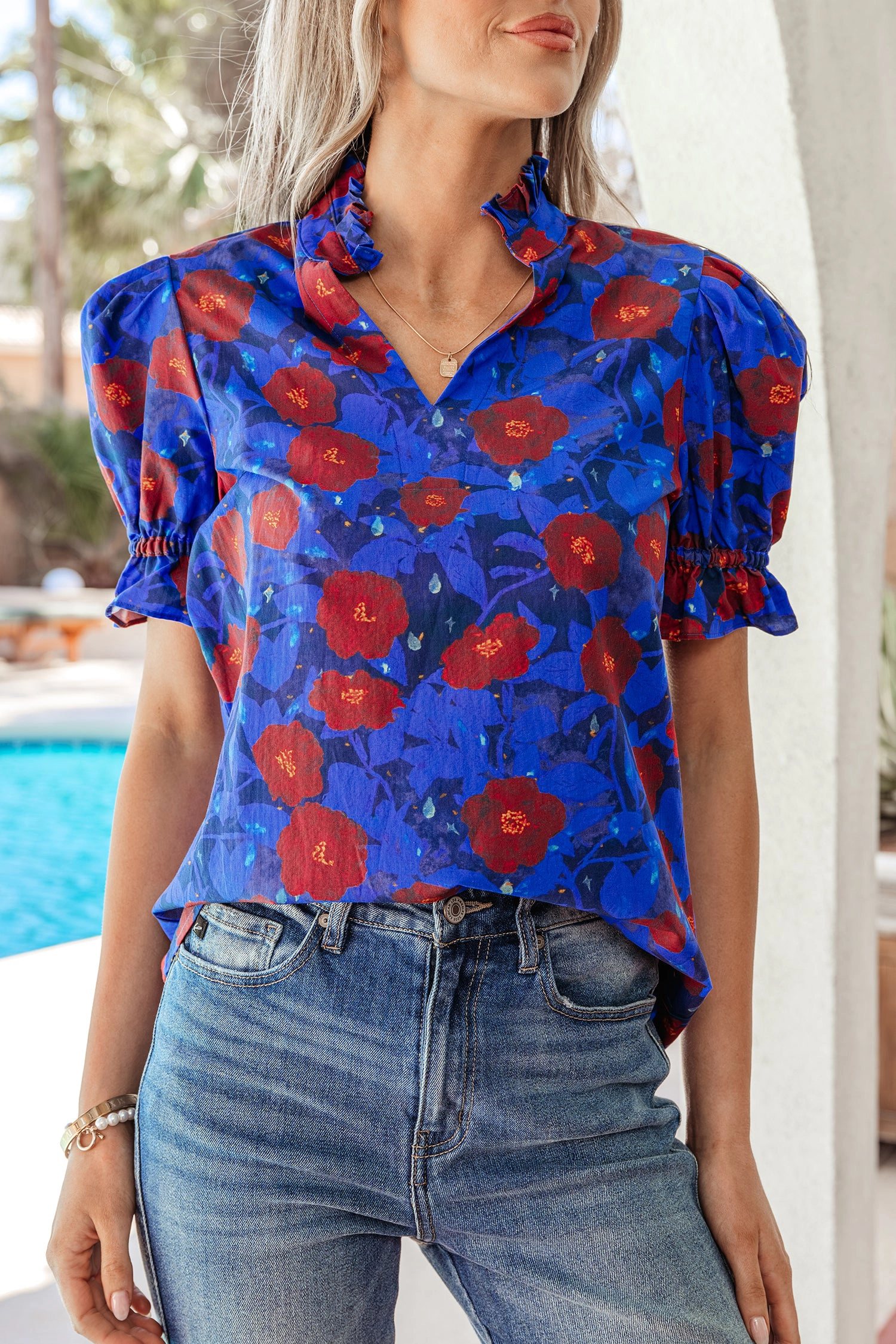Threaded Pear Womens Maeve Sleeve Frilled Floral Blouse