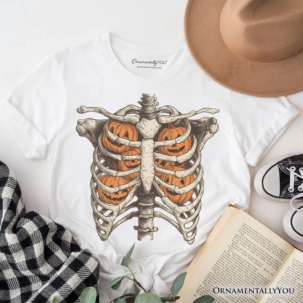 OrnamentallyYou Womens Ribcage Pumpkins Retro Skeleton Halloween T-Shirt
