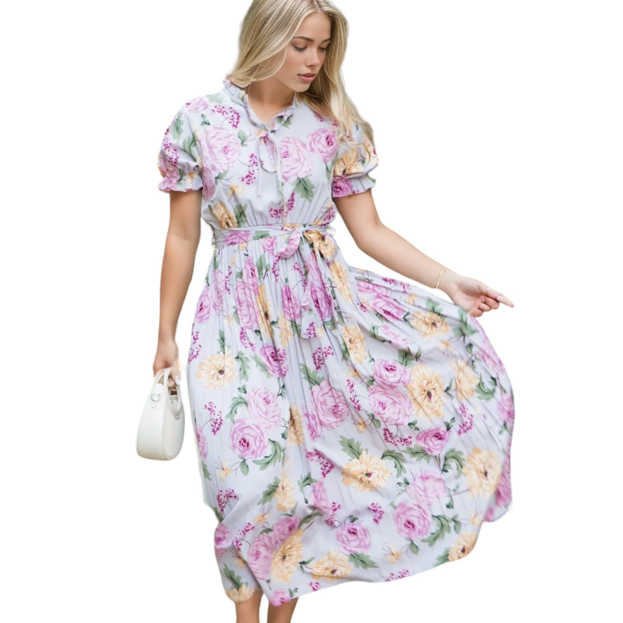 Anna-Kaci Women's Ruffle Tie Neck Pleated Midi Dress, Short Puffed Sleeves