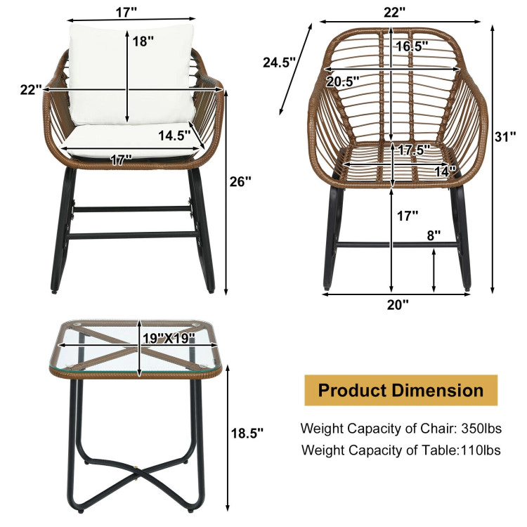 Hivvago 3 Pieces Patio Rattan Bistro Set With Cushions And Glass Table