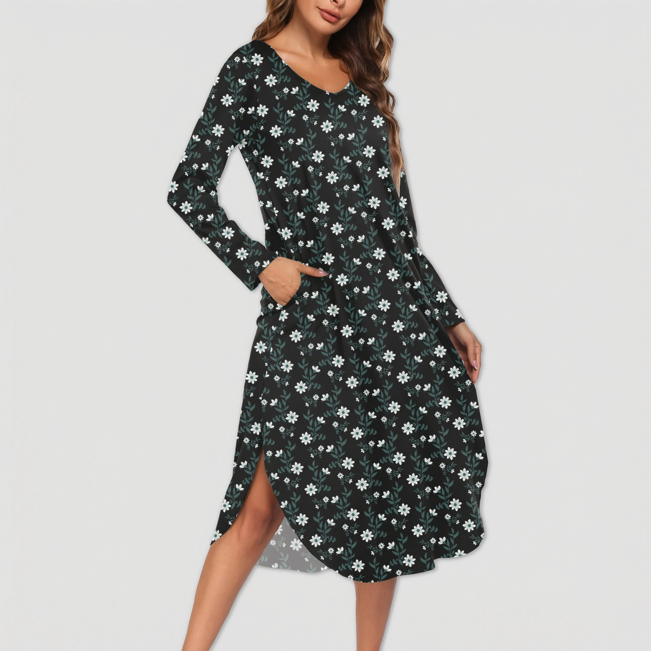 Ekouaer Womens Nightgown V Neck Nightshirts Long Sleeve Sleepwear with Pockets