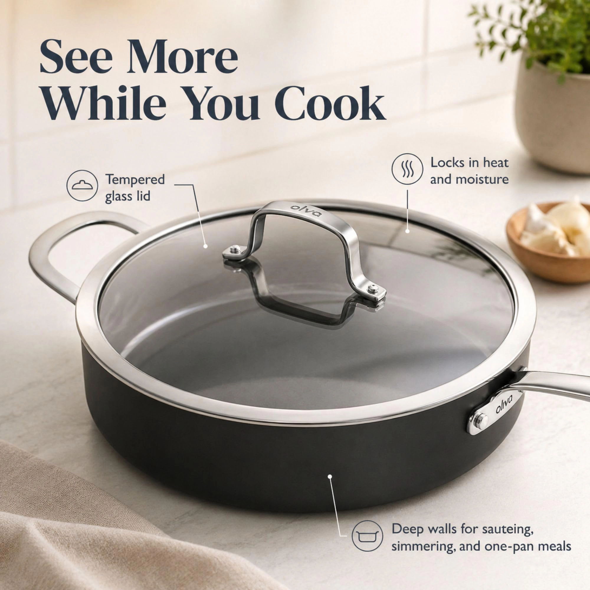 Alva Maestro 4 Qt Ceramic-Coated Aluminum Sauté Pan with Lid, Oven-Safe to 400°F