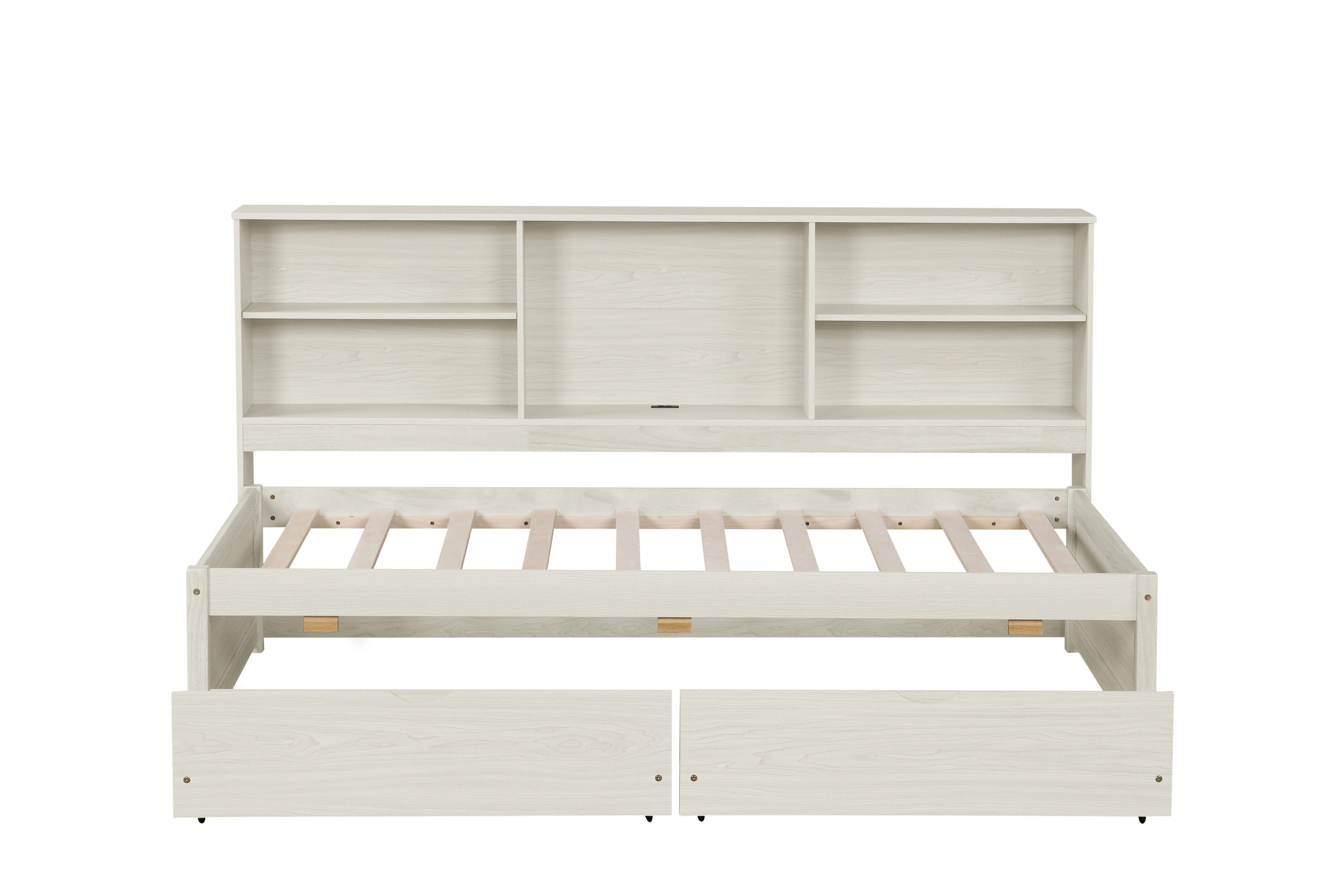Flynama Twin Bed Frame with Side Bookshelves, Two Drawers & USB Port, Creamy White