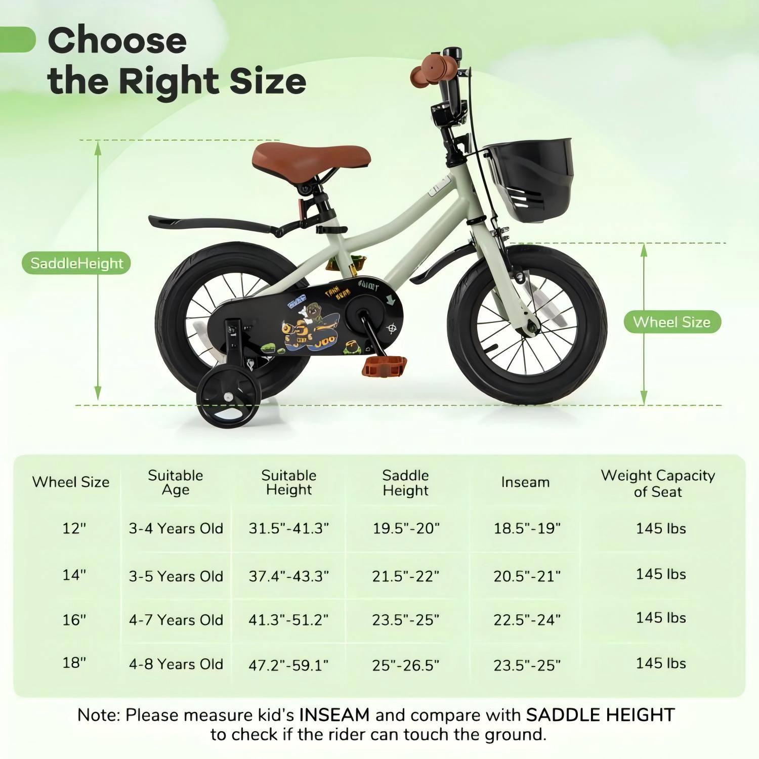 SUGIFT Adjustable 12-Inch Kids Bike with Dual Brakes Training Wheels 145-lb Capacity Ages 3-4 Years Green