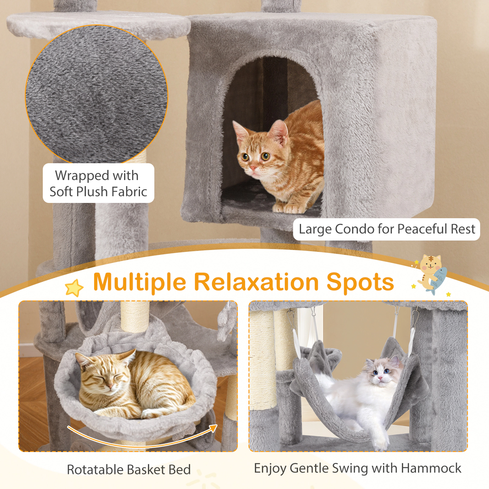 SUGIFT 69-in Multi-level Cat Tree with Top Perch Condo Hammock Basket and Toys 11-lb Capacity Gray + Orange