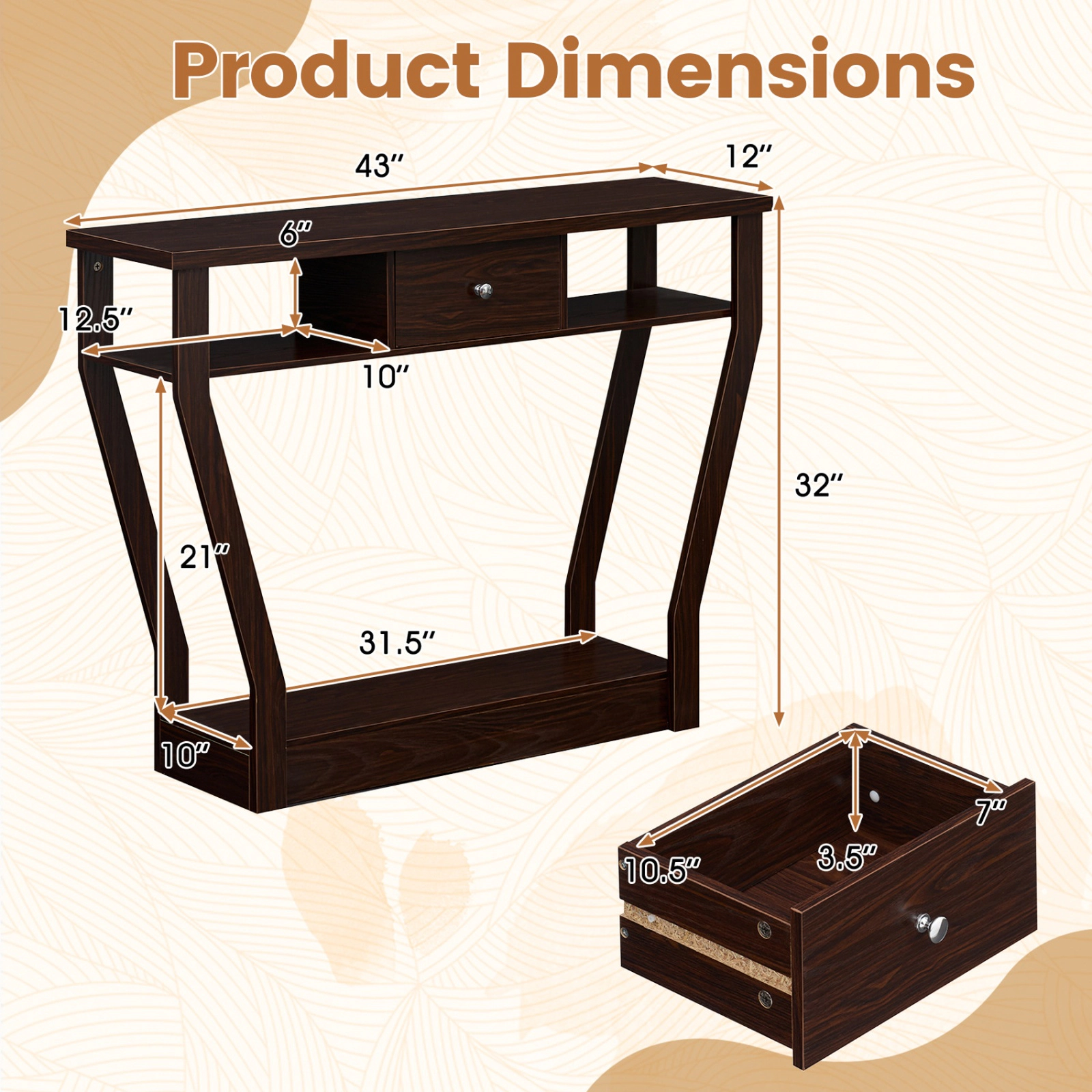 SUGIFT 3-Tier MDF Console Accent Table with Drawer 66-lb Capacity 43-in Wide Sofa Accent Table 30.5-lb Net Weight Brown