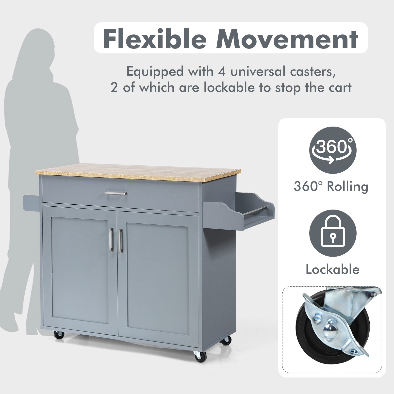SUGIFT Rolling Kitchen Island Cart Gray with Towel Rack Spice Rack and Adjustable Shelf