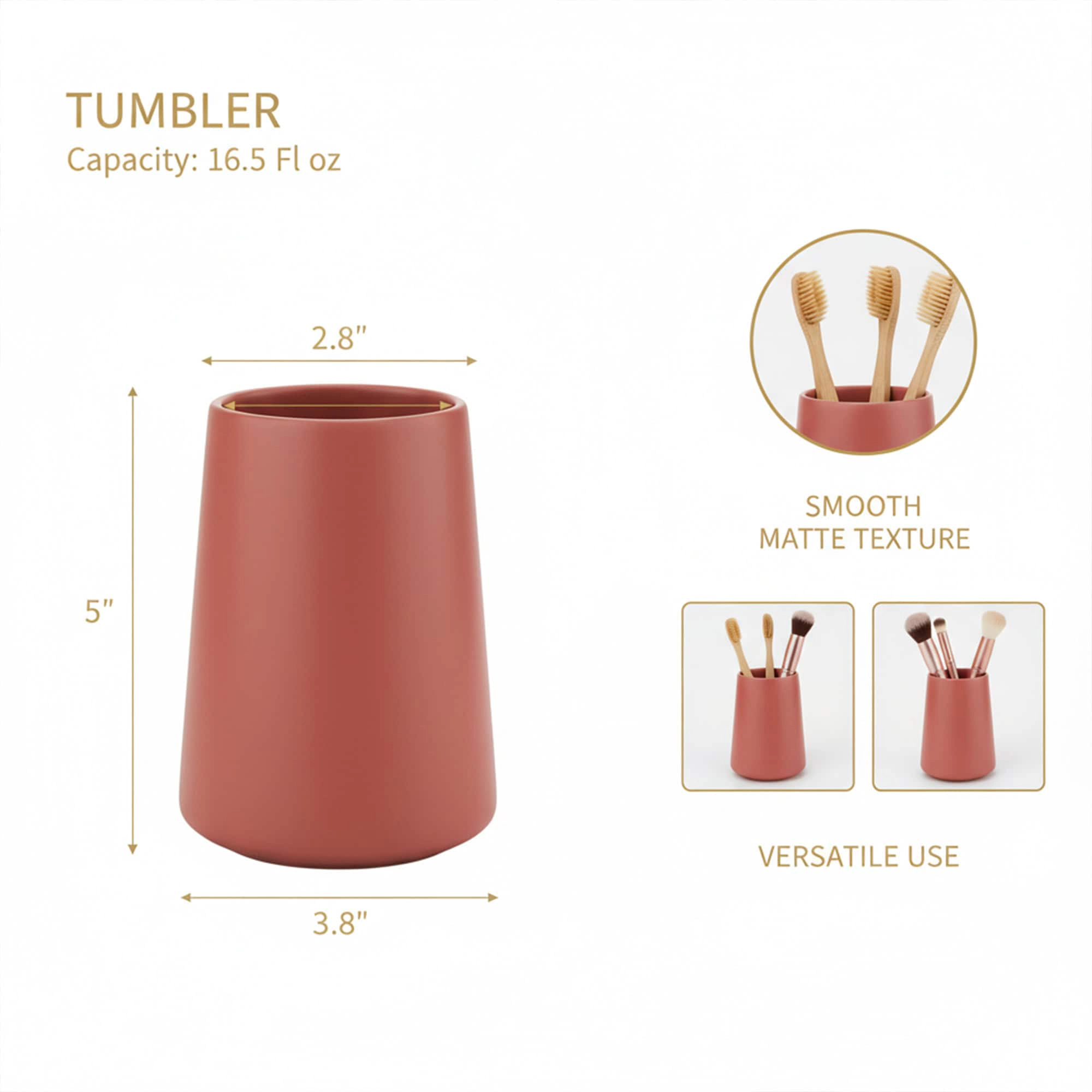 Evideco French Home Goods 14 oz Terracotta Stoneware Tumbler - Matte Toothbrush Holder, Glazed Interior
