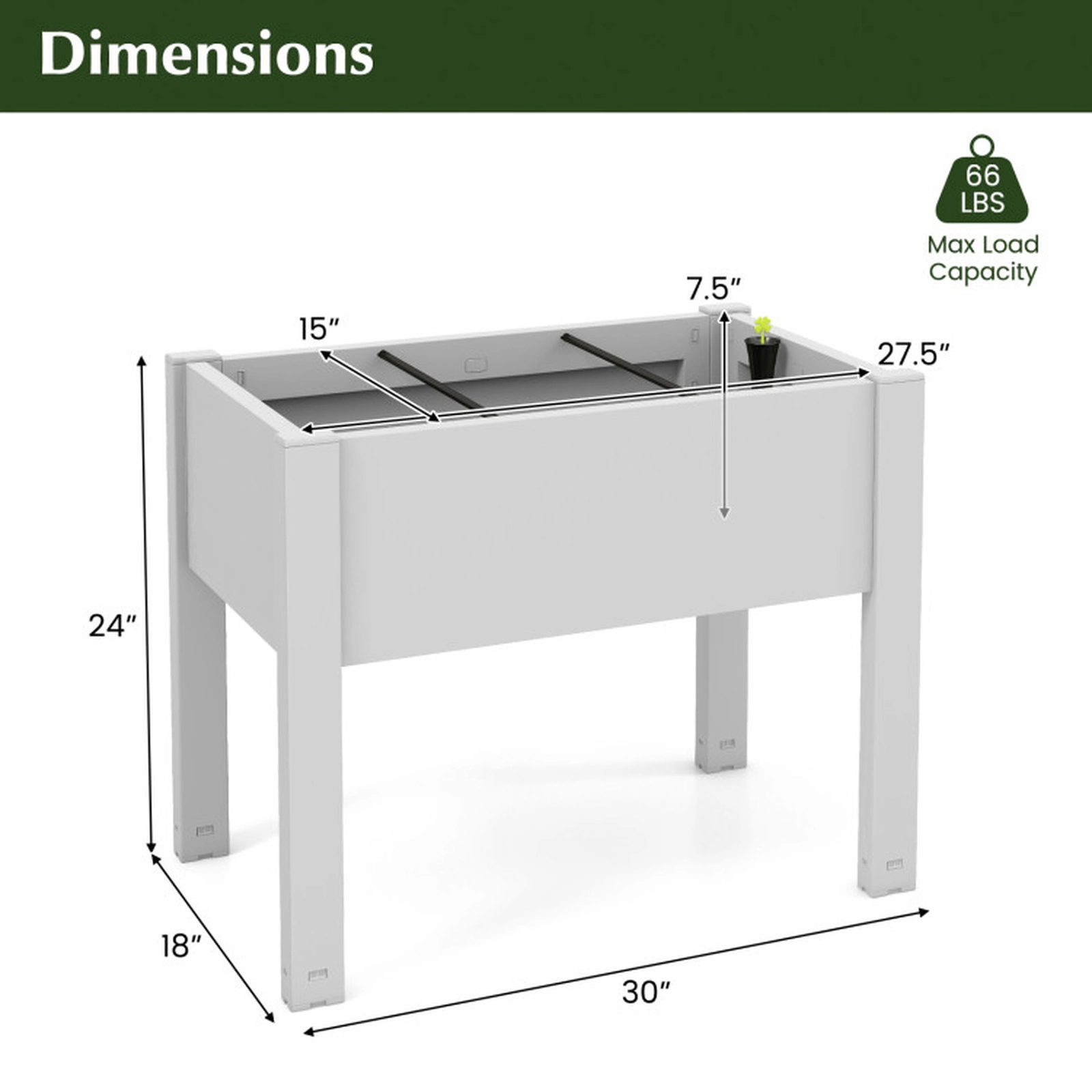 SUGIFT 53L Self-Watering Raised Bed Grow Box Planter Box Stand 66-lb Capacity 30 x 18 x 24 in Coffee/Greyish-white 1-Pc