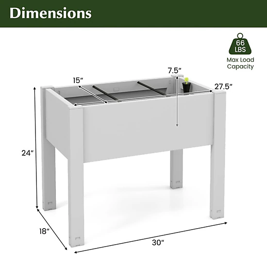 SUGIFT 53L Self-Watering Raised Bed Grow Box Planter Box Stand 66-lb Capacity 30 x 18 x 24 in Coffee/Greyish-white 1-Pc