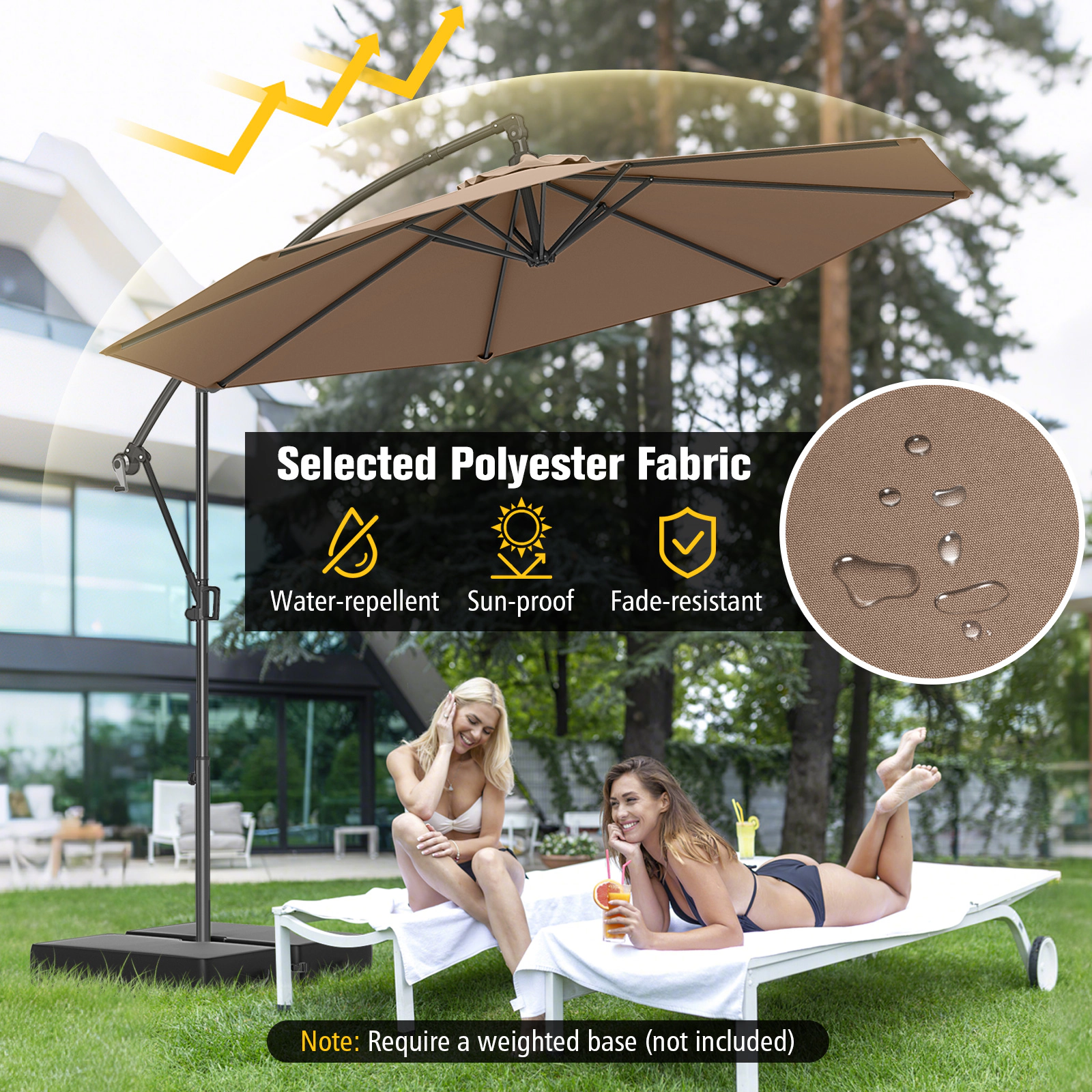 SUGIFT 10-ft Beige Offset Hanging Patio Umbrella with Base Infinite Tilt and 360-Degree Rotation for Garden