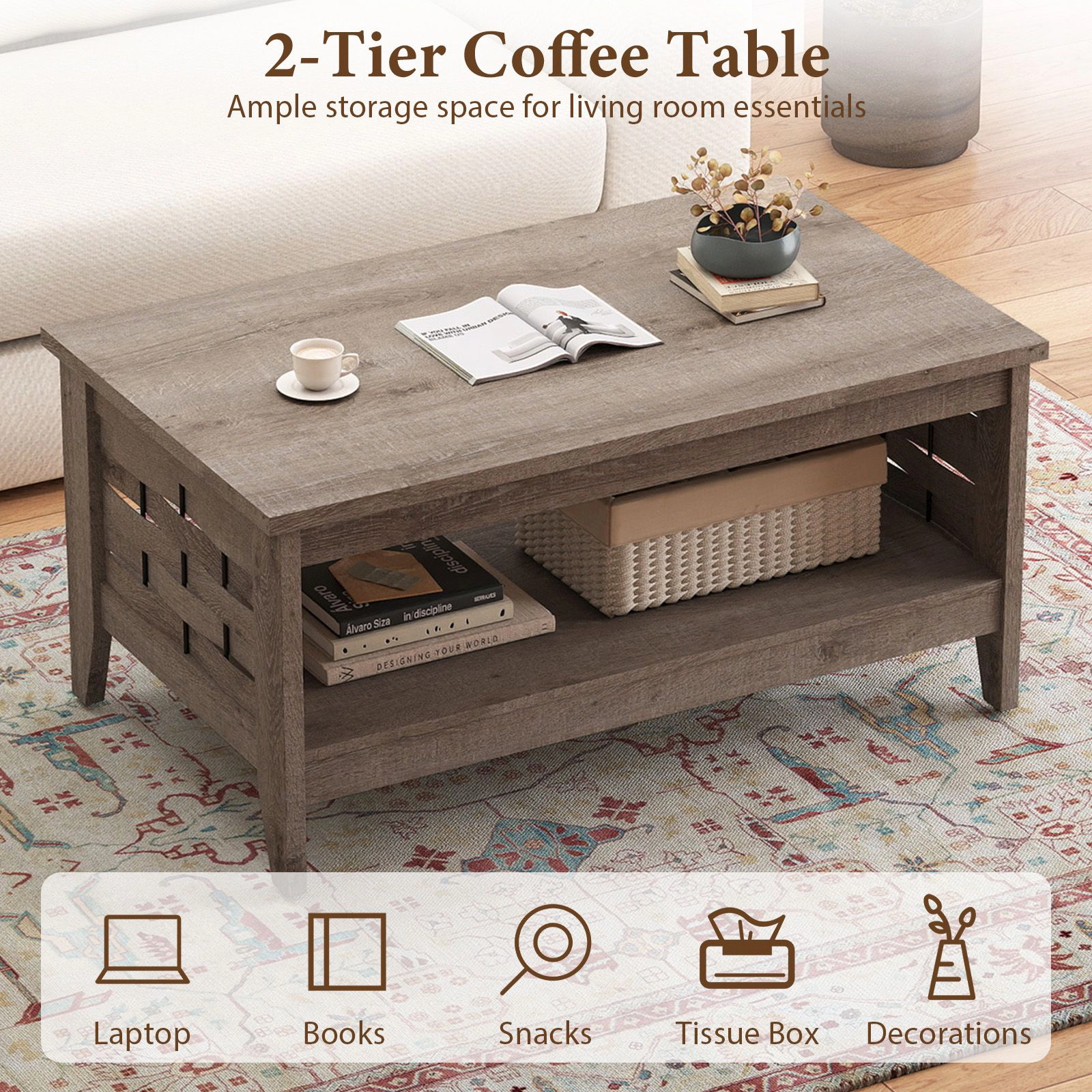 SlickBlue 2 Tier Coffee Table with Storage Shelf, Rustic Wood Center Table for Living Room
