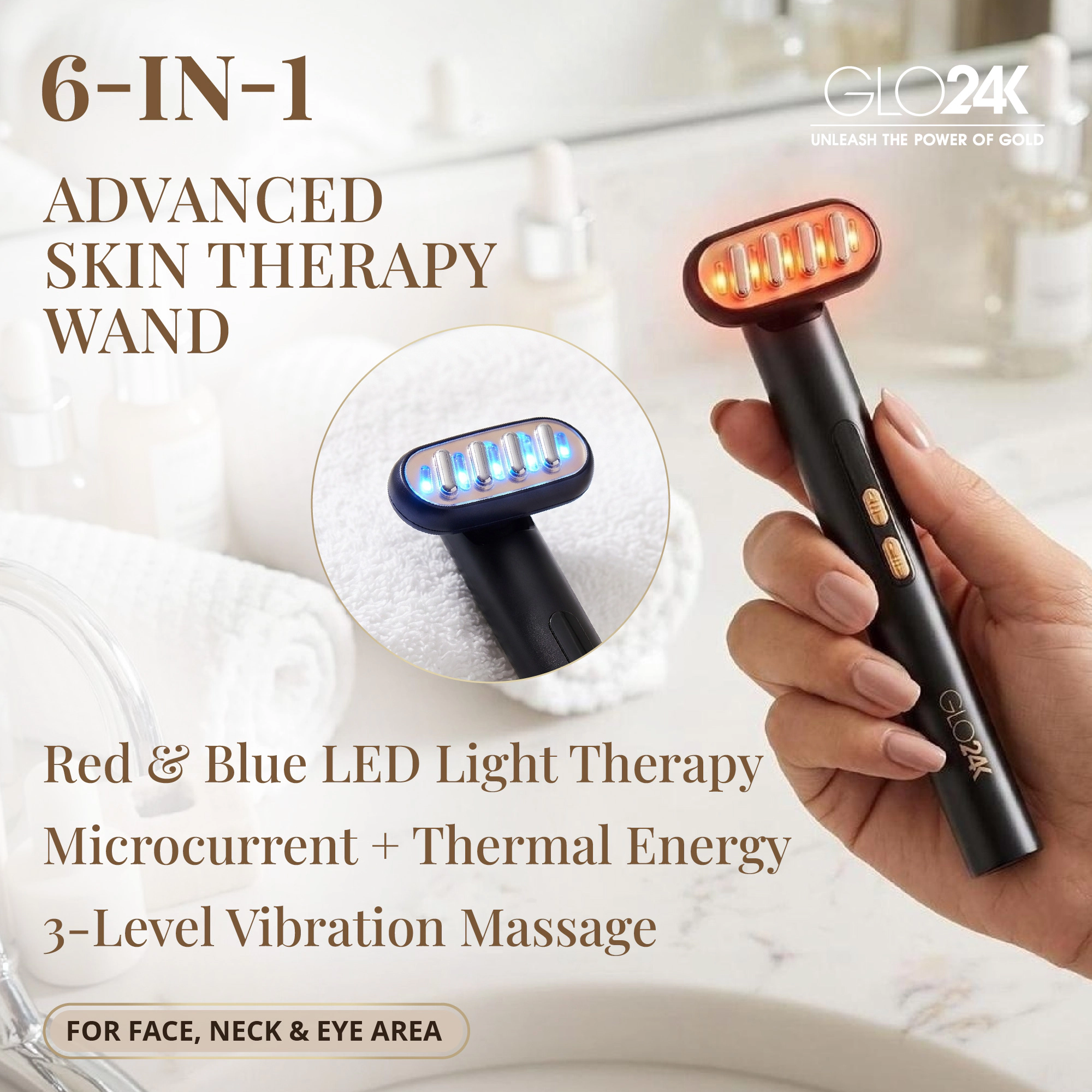 GLO24K 6-IN-1 Beauty Therapy Wand for the Face, Eyes & Neck