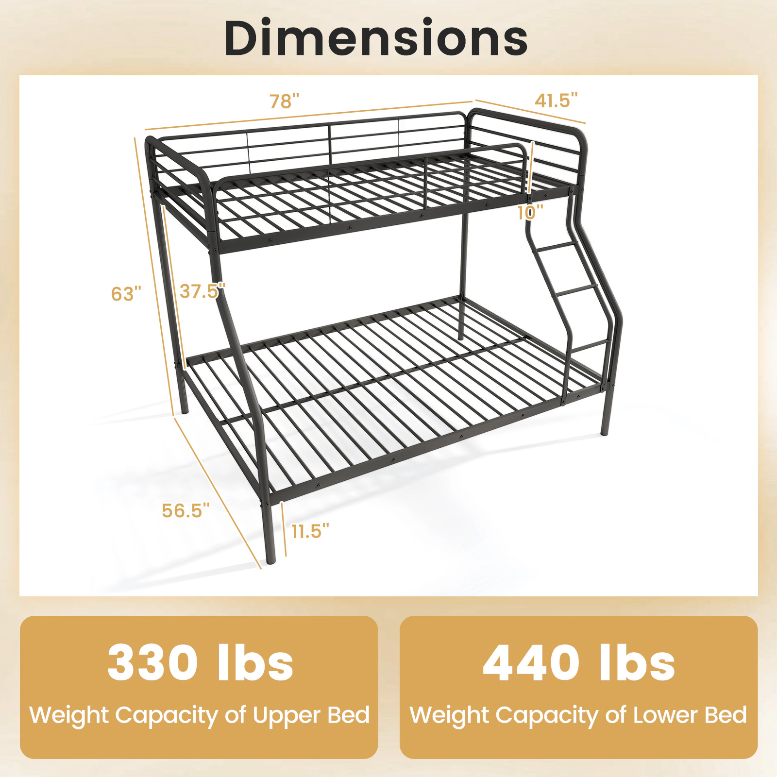Twin Over Full Bunk Bed Metal Bunk Beds with Full Length Guardrails Integrated Ladder Black