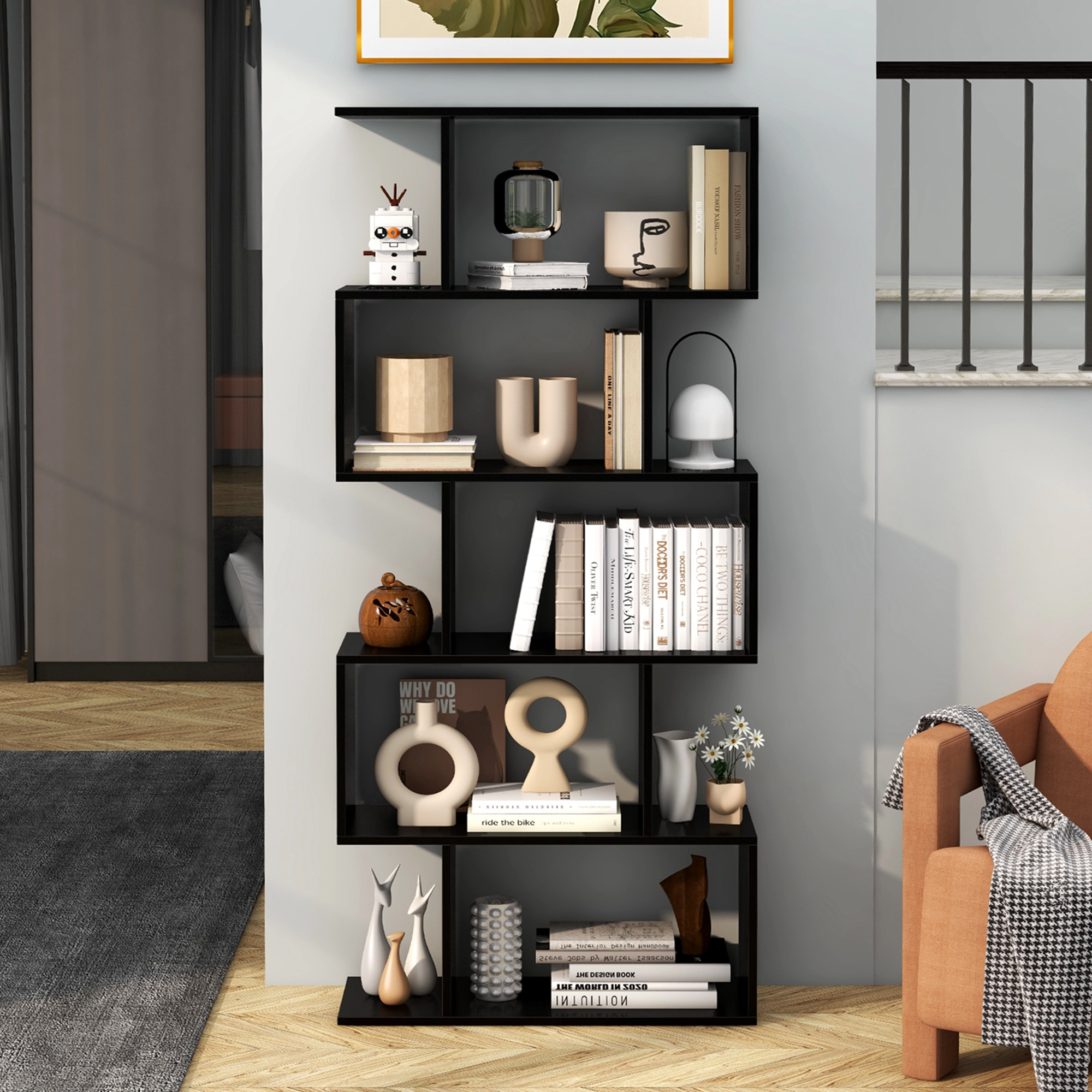 Costway 1/2 PCS 5-Tier Bookshelf Geometric S-Shaped Bookcase Room Divider Storage Display