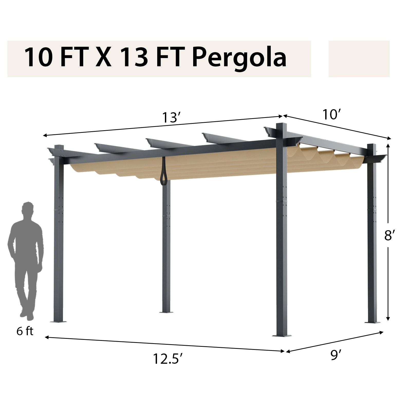 SUGIFT 10 x 13Feet Retractable Aluminum Pergola Canopy Shelter Powder-Coated Metal Frame 92-lb Net Weight Gray Beige