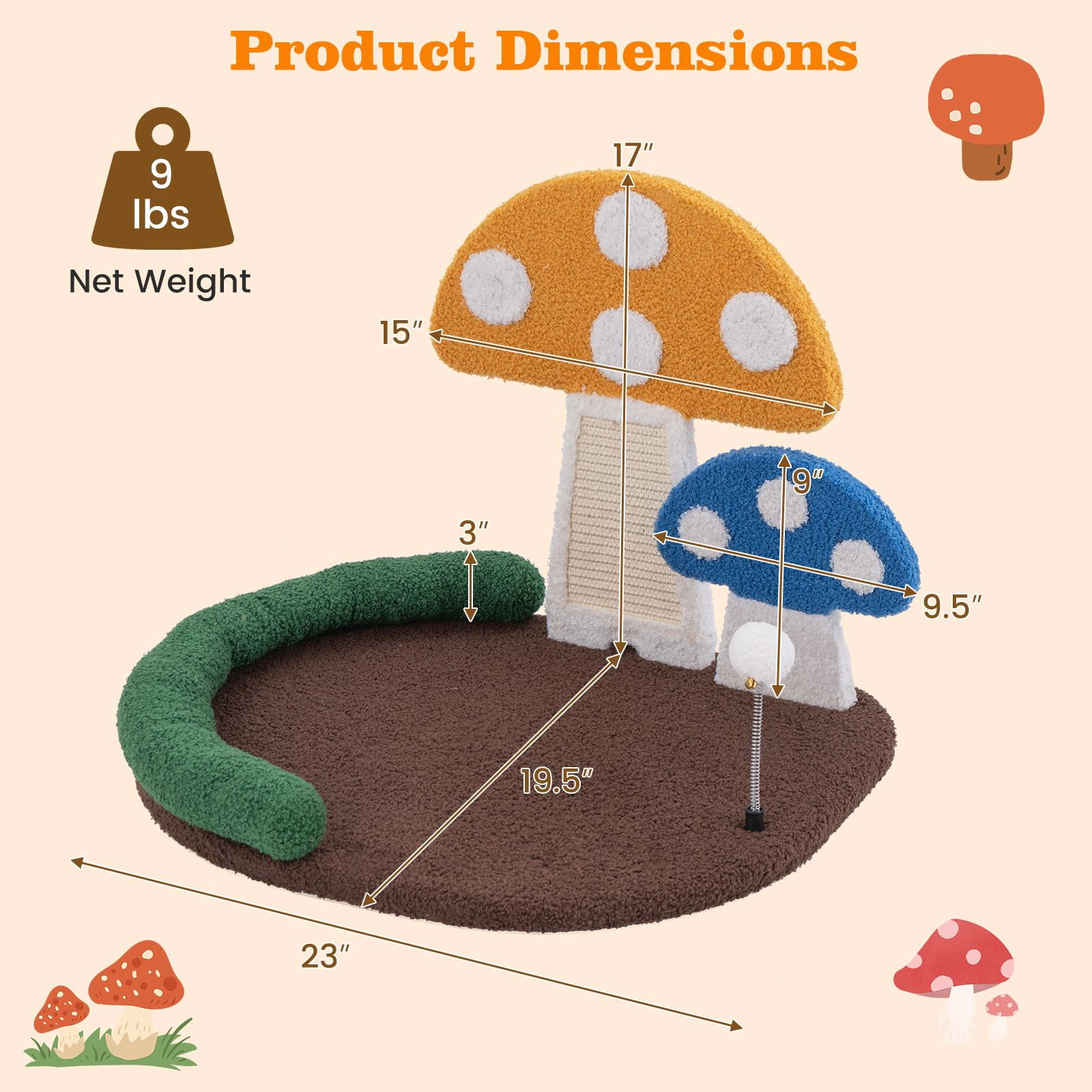 SlickBlue Mushroom Cat Bed with Scratching Board and Toy Ball