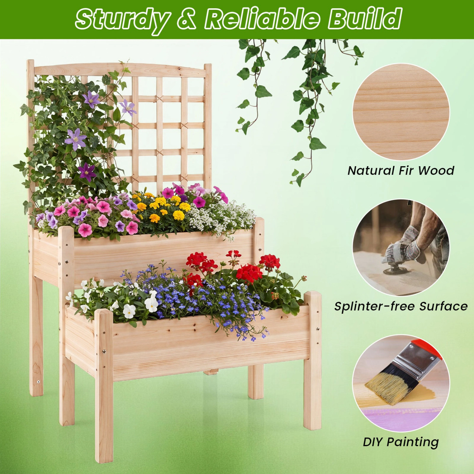 SUGIFT 2-Tier 54-in Tall 110-lb Capacity Fir Wood Raised Garden Bed with Vertical Trellis and Drain Holes