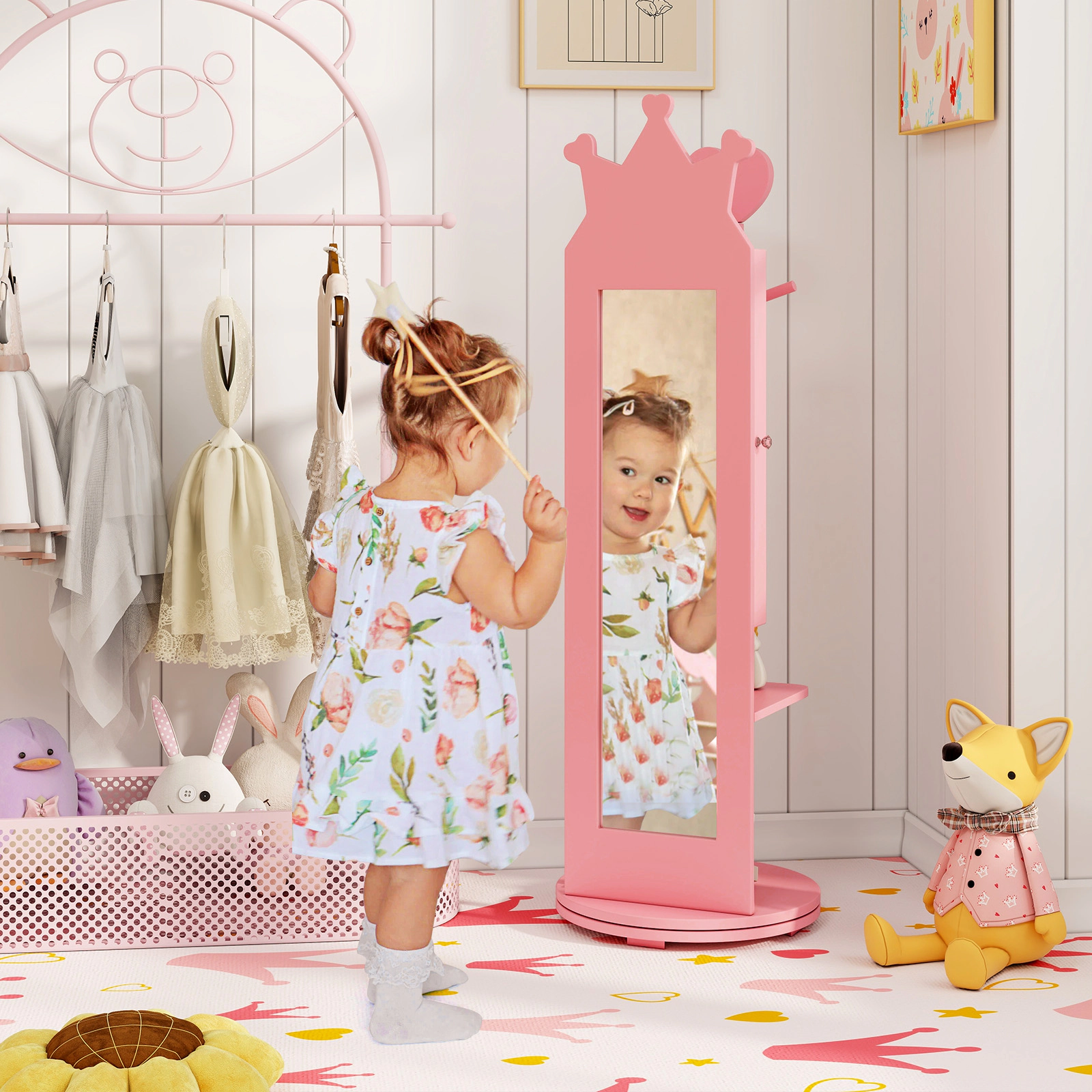 SUGIFT Pink Full Length Mirror Clothes Rack and Shelves Free-Standing Kids Jewelry Armoire