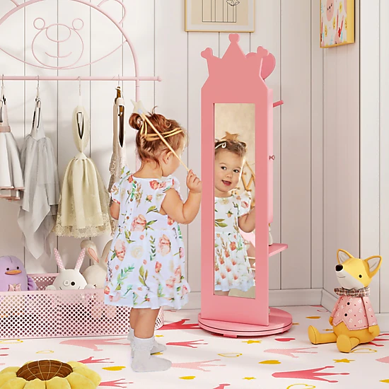 SUGIFT Pink Free-Standing Kids Jewelry Armoire with Full Length Mirror Clothes Rack and Shelves 44-in H
