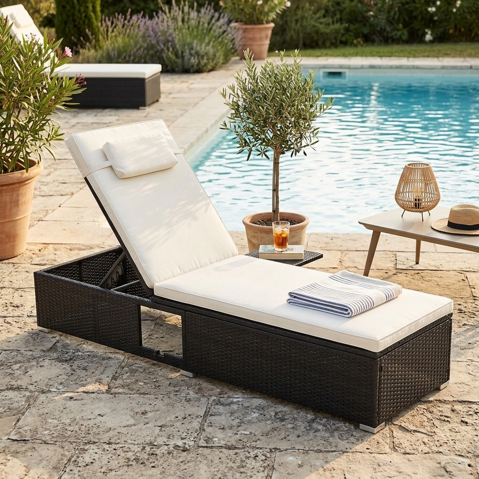 SUGIFT 400-lb Capacity White 6-Level PE Rattan Wicker Outdoor Chaise Lounge with Foldable Side Table