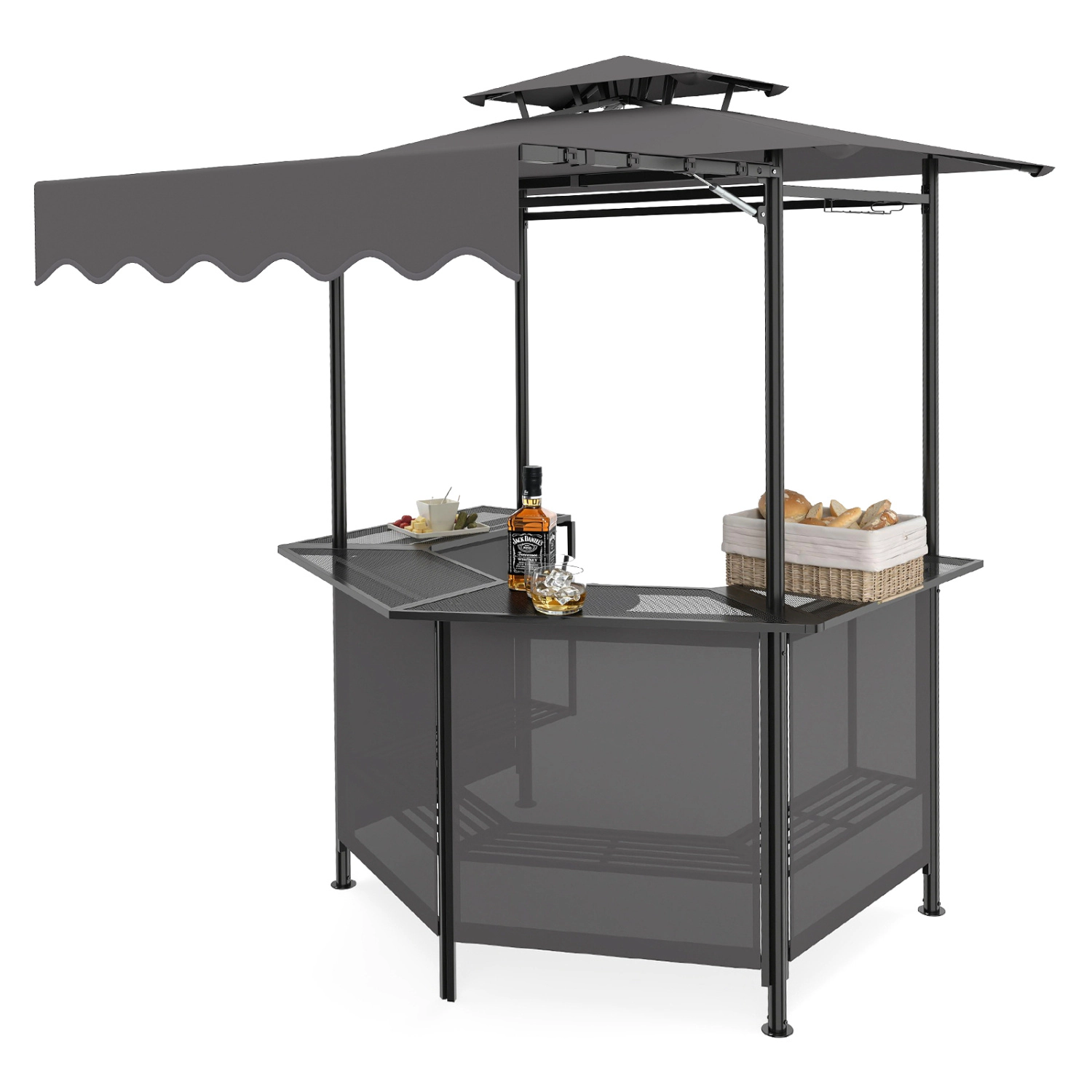 LJG BBQ Gazebo Canopy with 4 Slatted Metal Shelves 6 Hanging Hooks and 2-Row Glass Holders