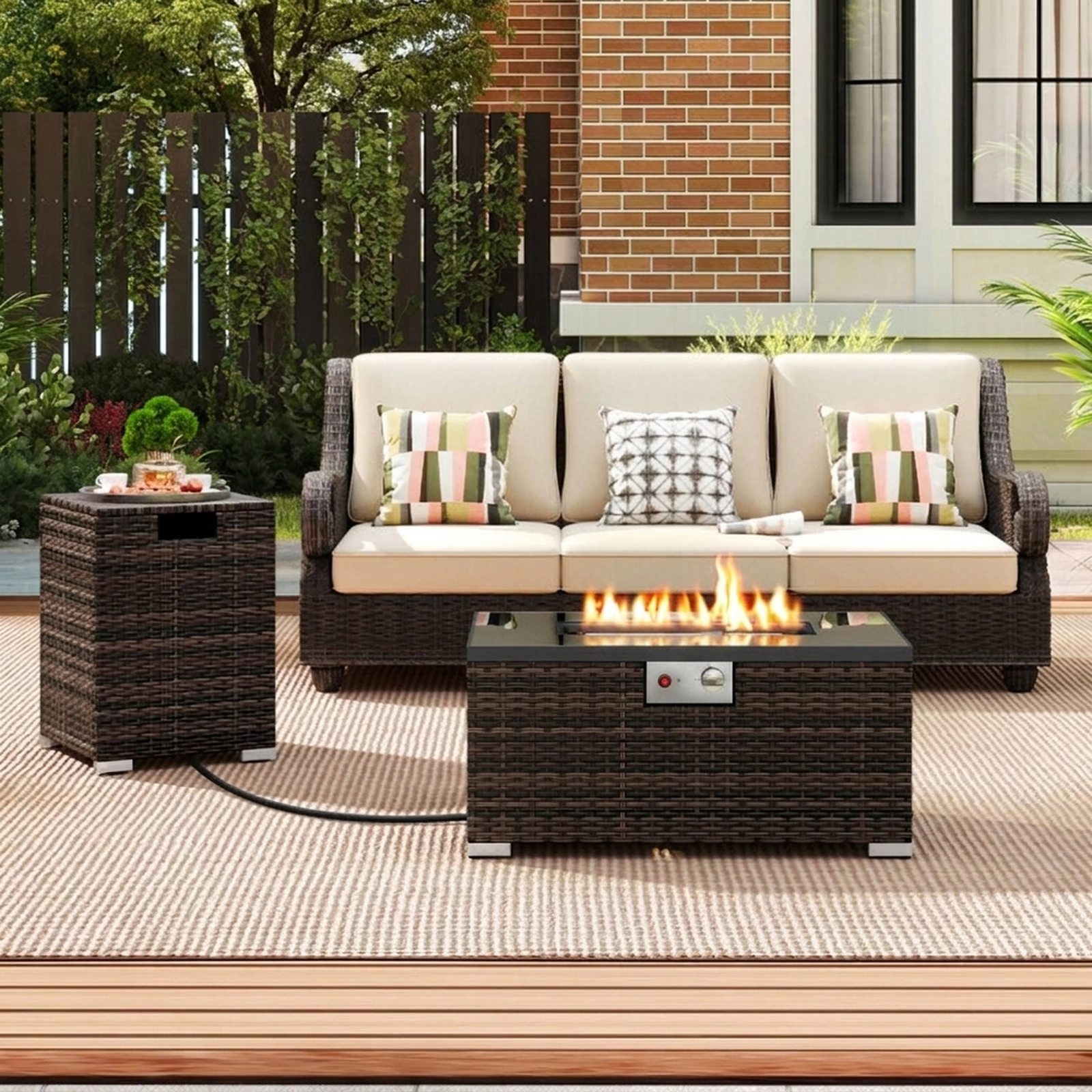 SUGIFT 2-Piece 32-in Rectangle 40000-BTU Propane Gas Fire Pit Table Set with PE Rattan and Tank Cover