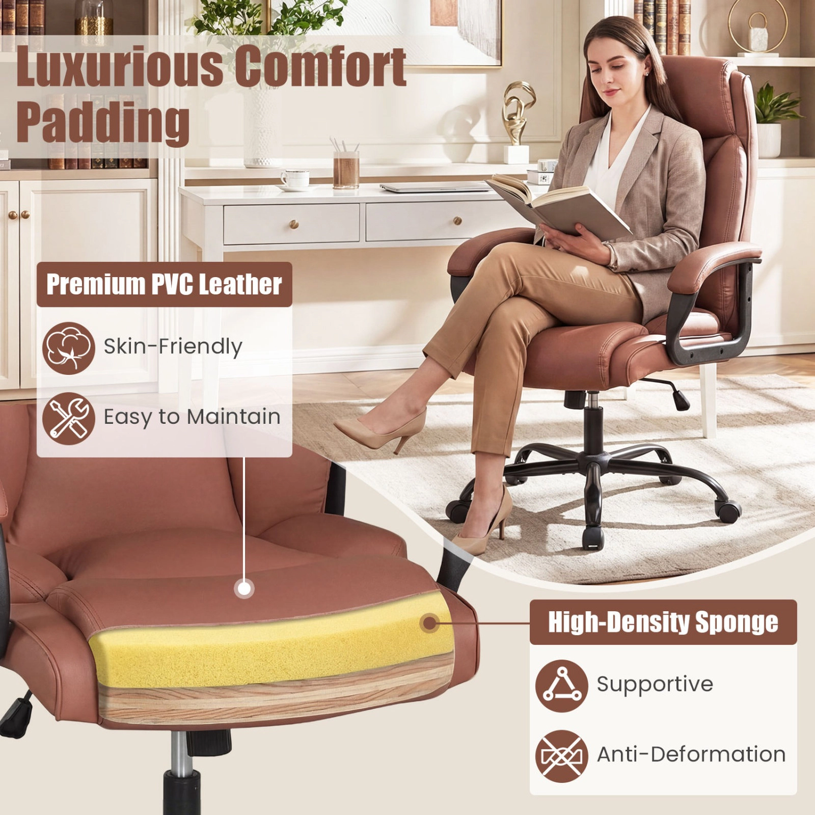 SUGIFT 400 LBS Big and Tall Executive Office Chair Brown High Back Leather Chair