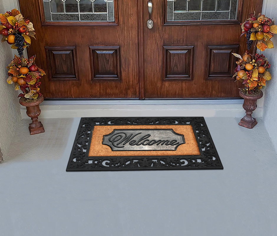 A1HC Coir and Rubber Door Mat 38x23 Inches Anti-Shed Heavy Duty Non-Slip Black Floral Border