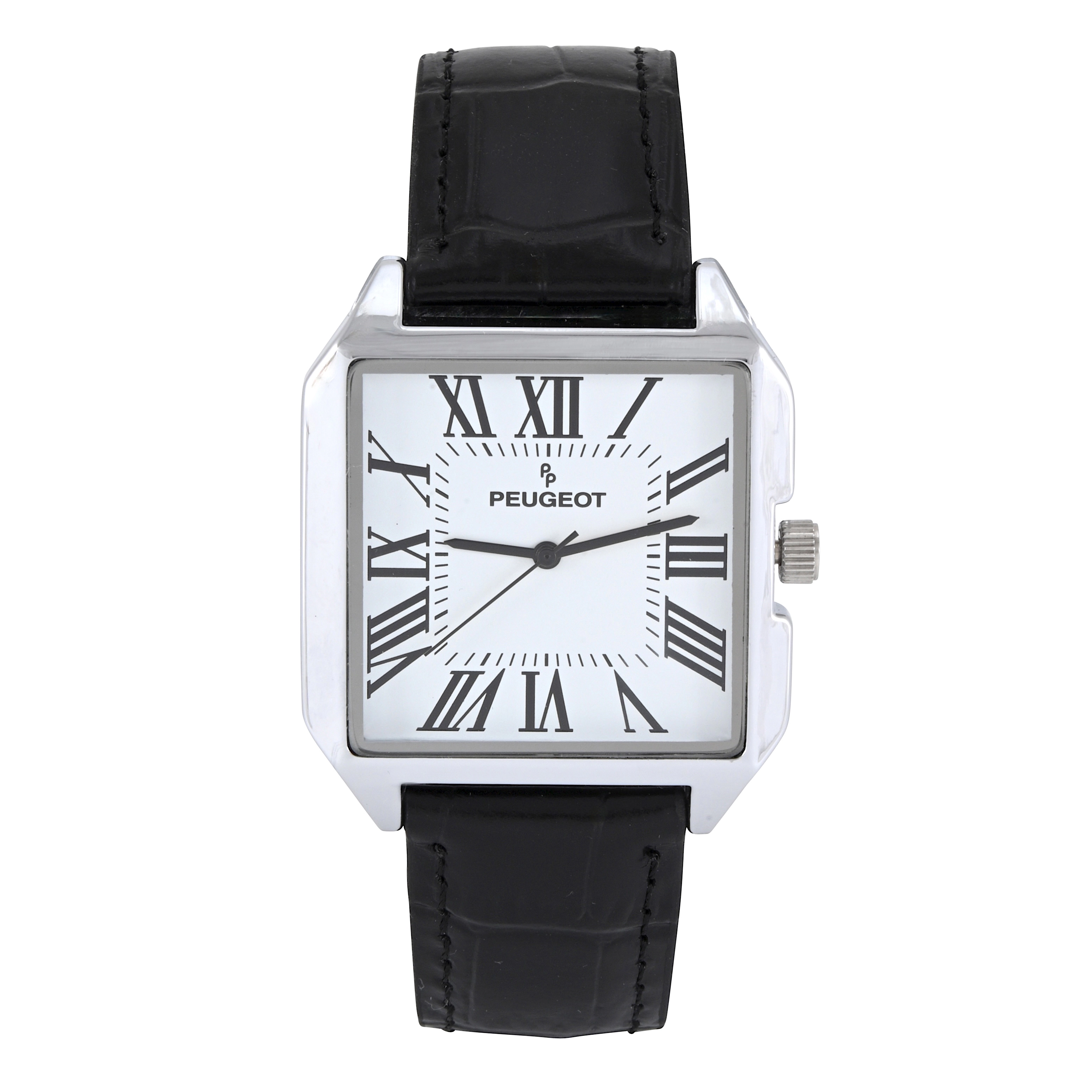 Peugeot Men's White Dial Square Vintage Dress Watch with Roman Numeral Dial and Black Leather Strap