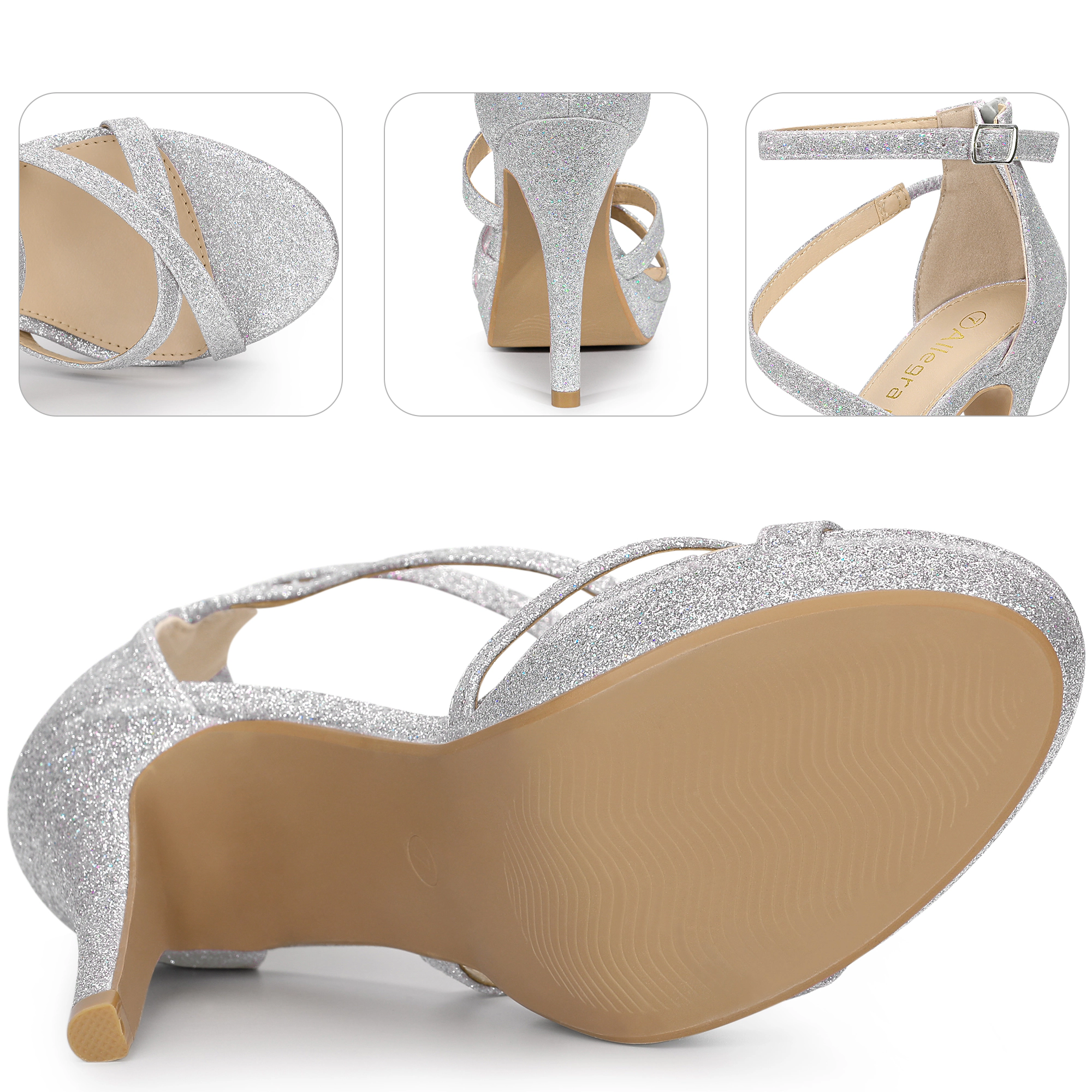 BLISSFUL STEP Women's Glitter Strappy Ankle Strap Platform Stiletto Heels Sandals
