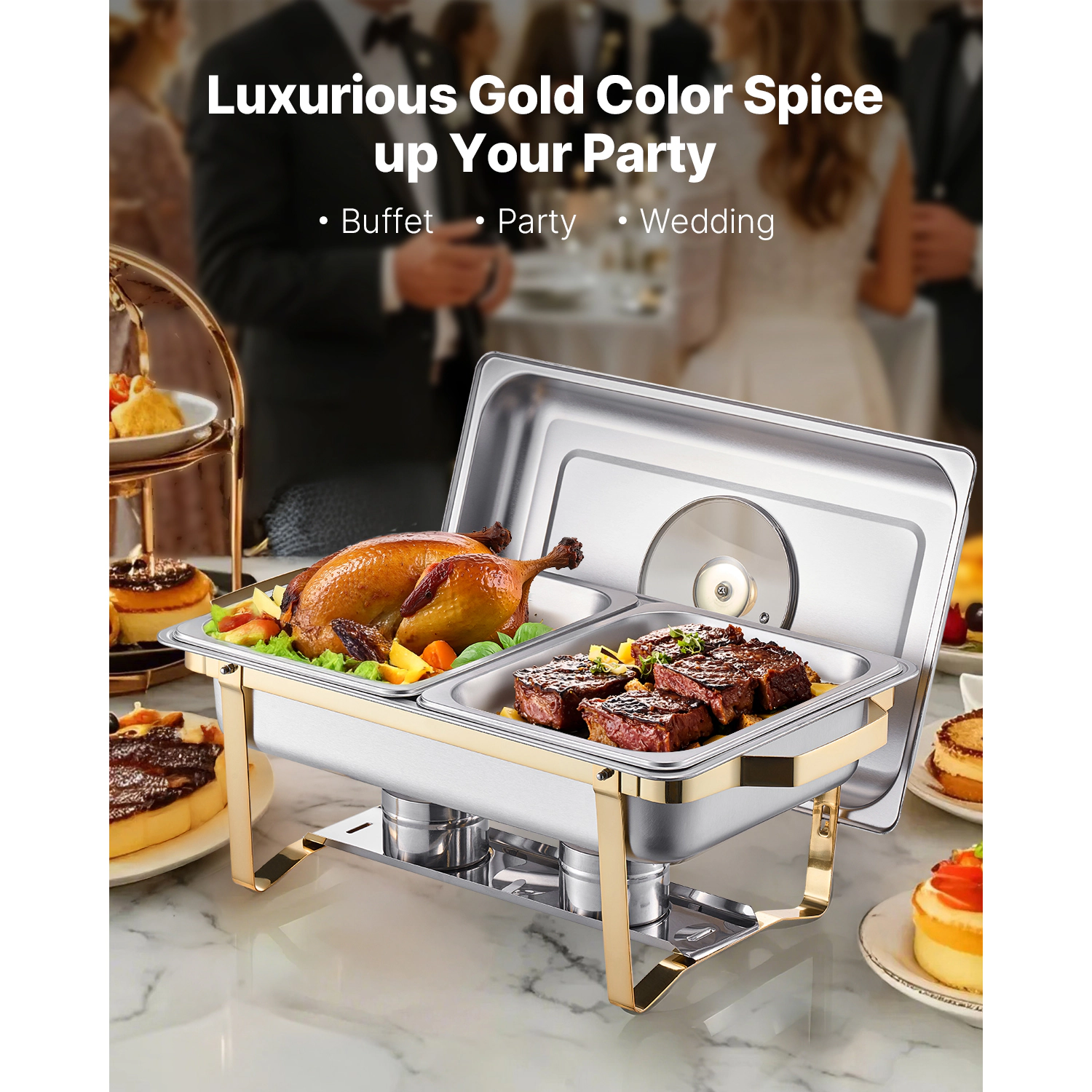 HONGGE Chafing Dish Buffet Set Stainless Steel Chafer with Rectangle Catering Warmer Server with Lid Water Pan Folding