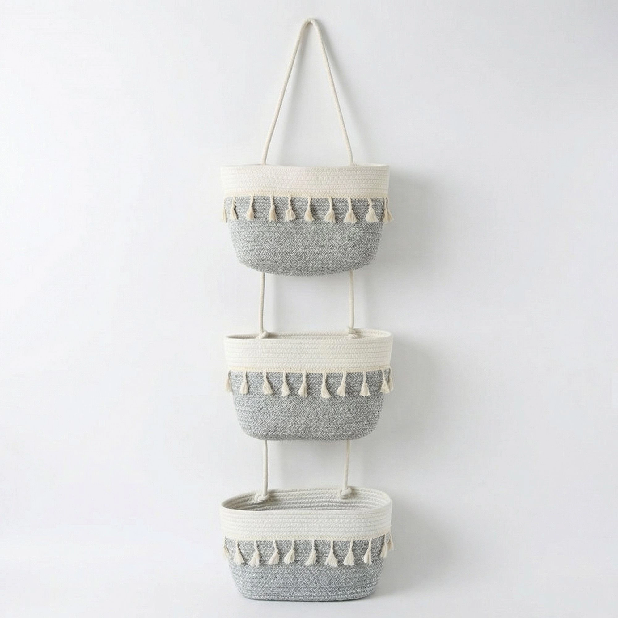 Alilang Unisex 3 Tier Hanging Storage Basket Cotton Rope Wall Organizer Tassel Decorative