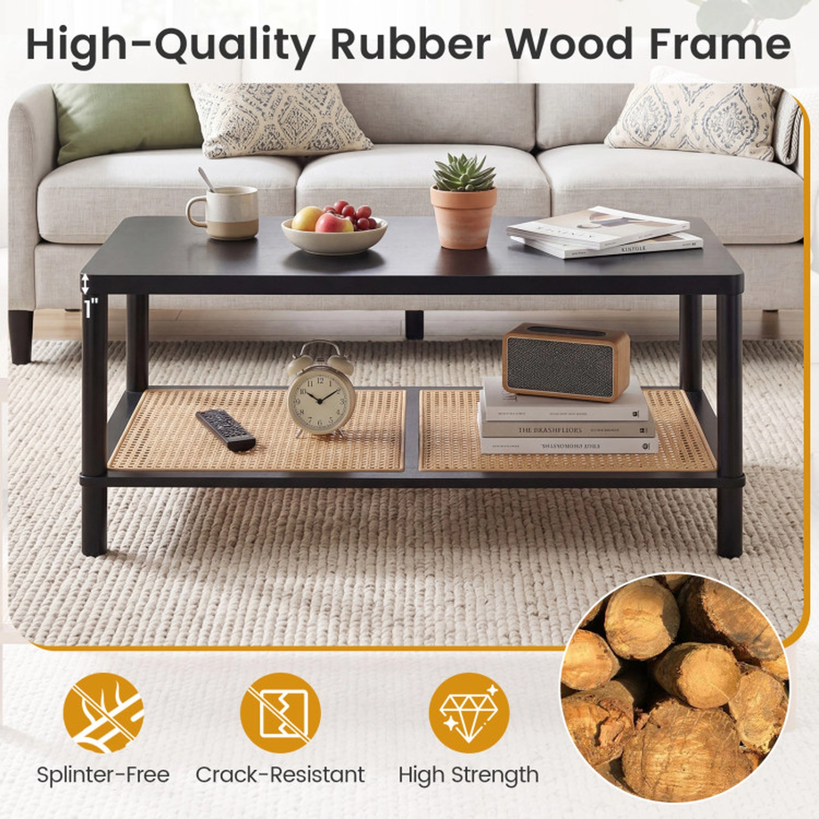 SUGIFT 2-Tier PVC Rattan Shelf Rubber Wood Frame Boho Coffee Table 39-in x 20.5-in x 18-in 185-lb Capacity Black