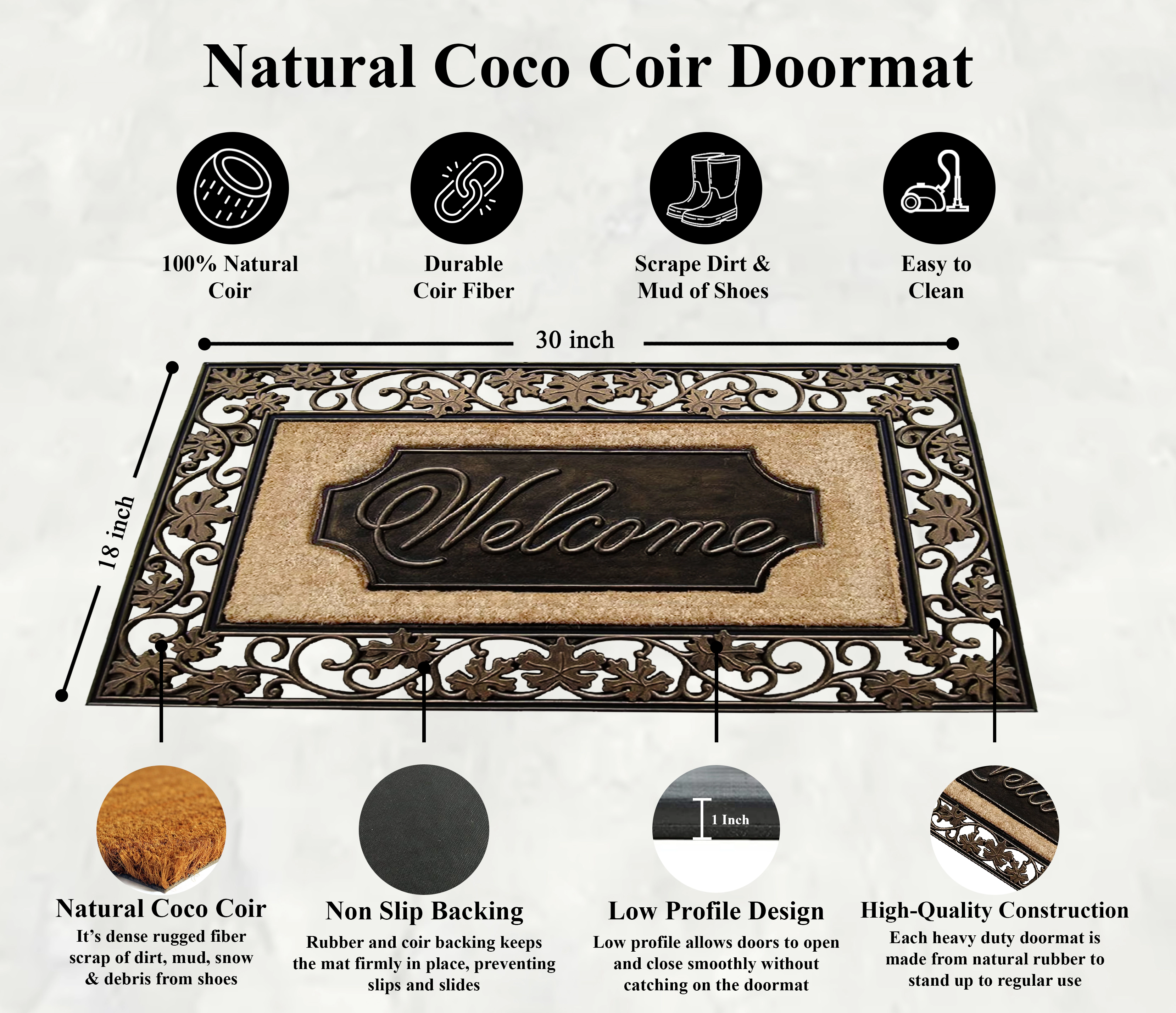 A1HC Coir and Rubber Door Mat 18x30 Inches Heavy Duty Durable Low-Profile Floral Welcome