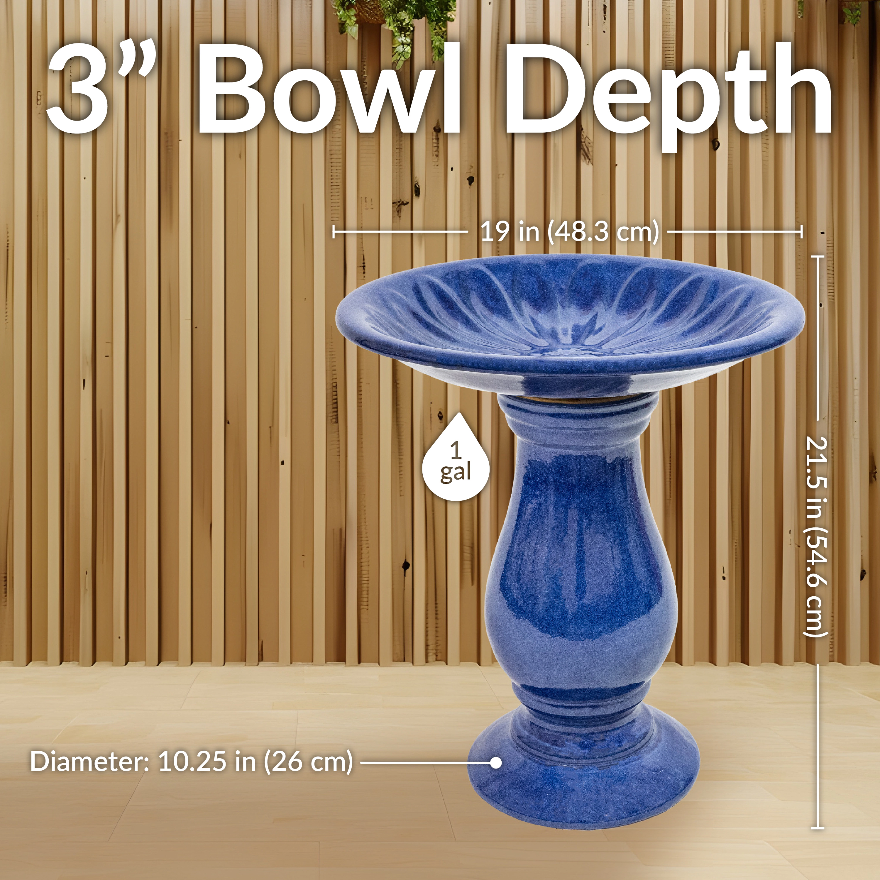 Sunnydaze Daisy Embossed Ceramic Bird Bath for Outside, 21.5” H, Blue