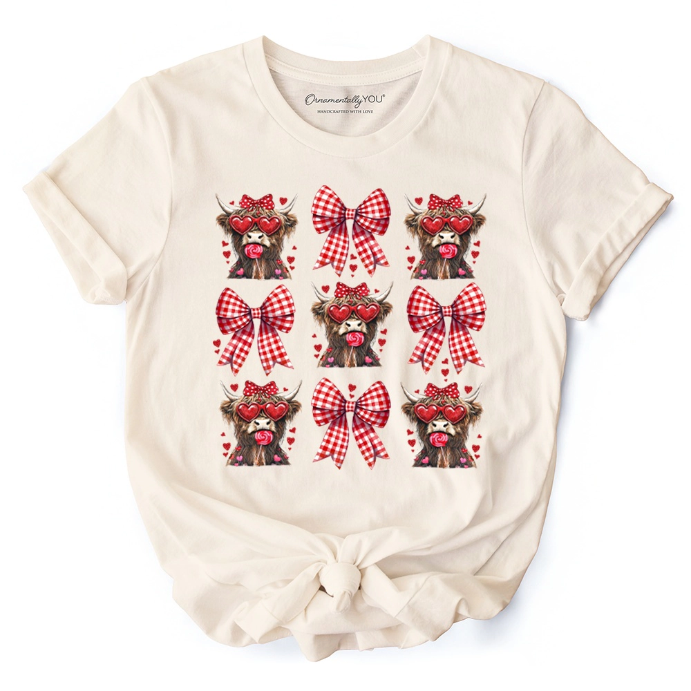 OrnamentallyYou Womens Highland Cow Coquette Bow Valentine T-Shirt