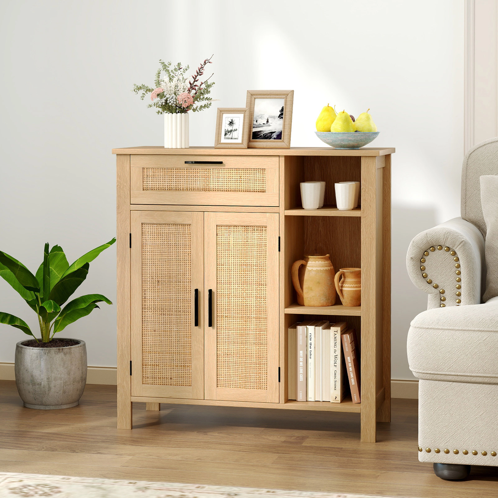 LJG Boho Buffet Sideboard Storage Cabinet with Drawer and Rattan Woven Doors