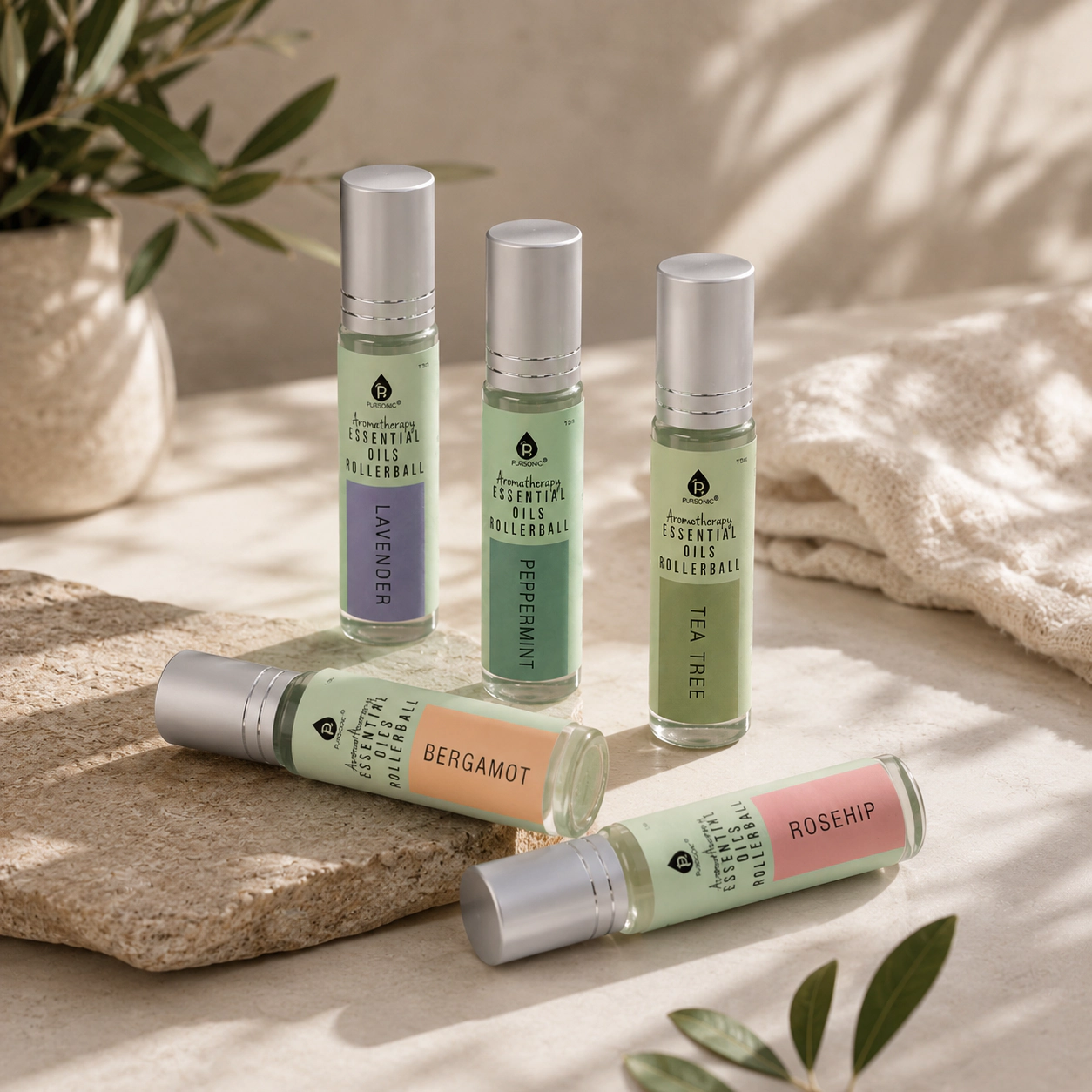 Pursonic Unisex Aromatherapy & Wellness Gift Set with Lavender & Sea Salt Mist Spray and Essential Oil Rollerball 5-Pack
