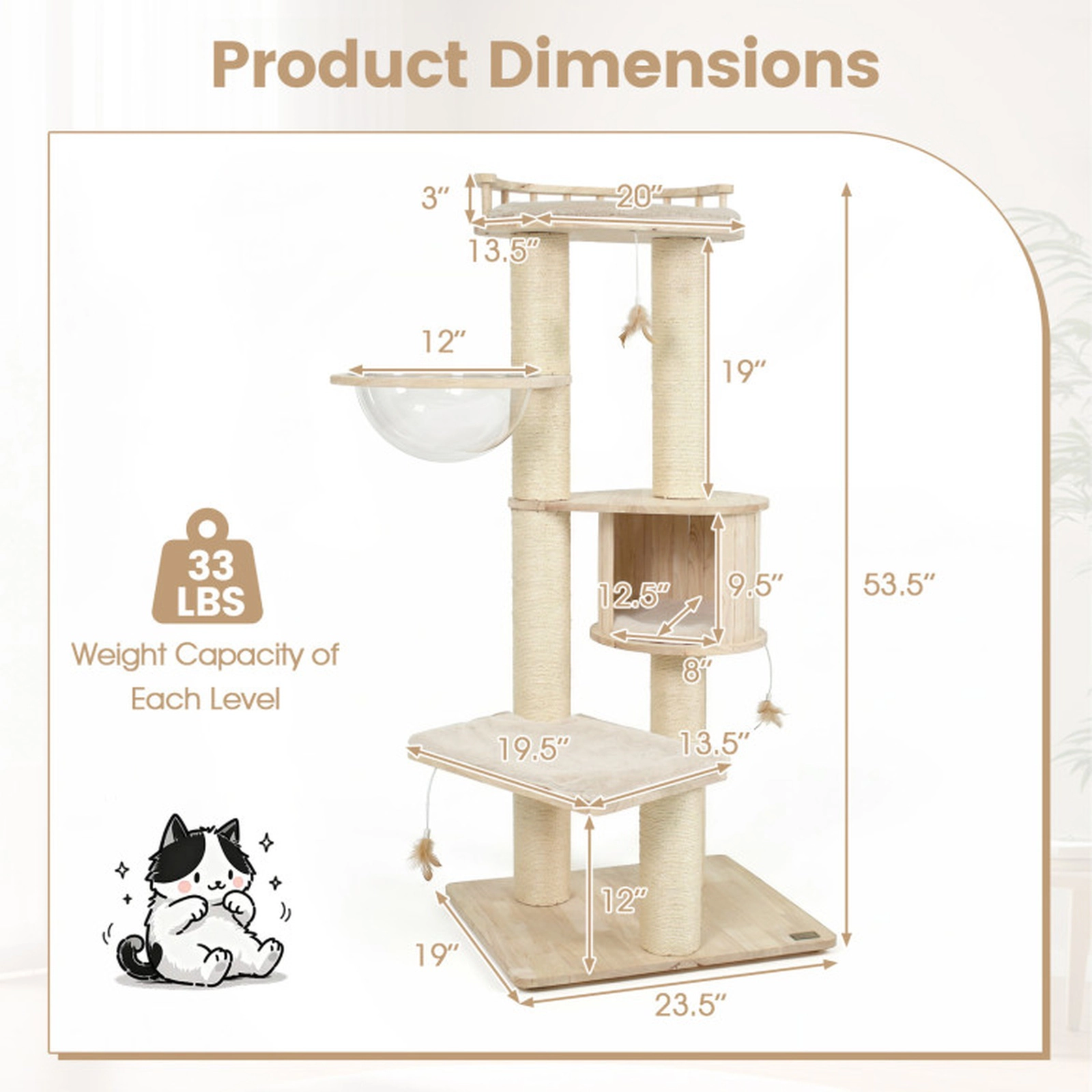 SUGIFT Multi-Level Rubber Wood Cat Tree with Top Perch Condo and 3 Hanging Feather Toys 35-lb Capacity Beige