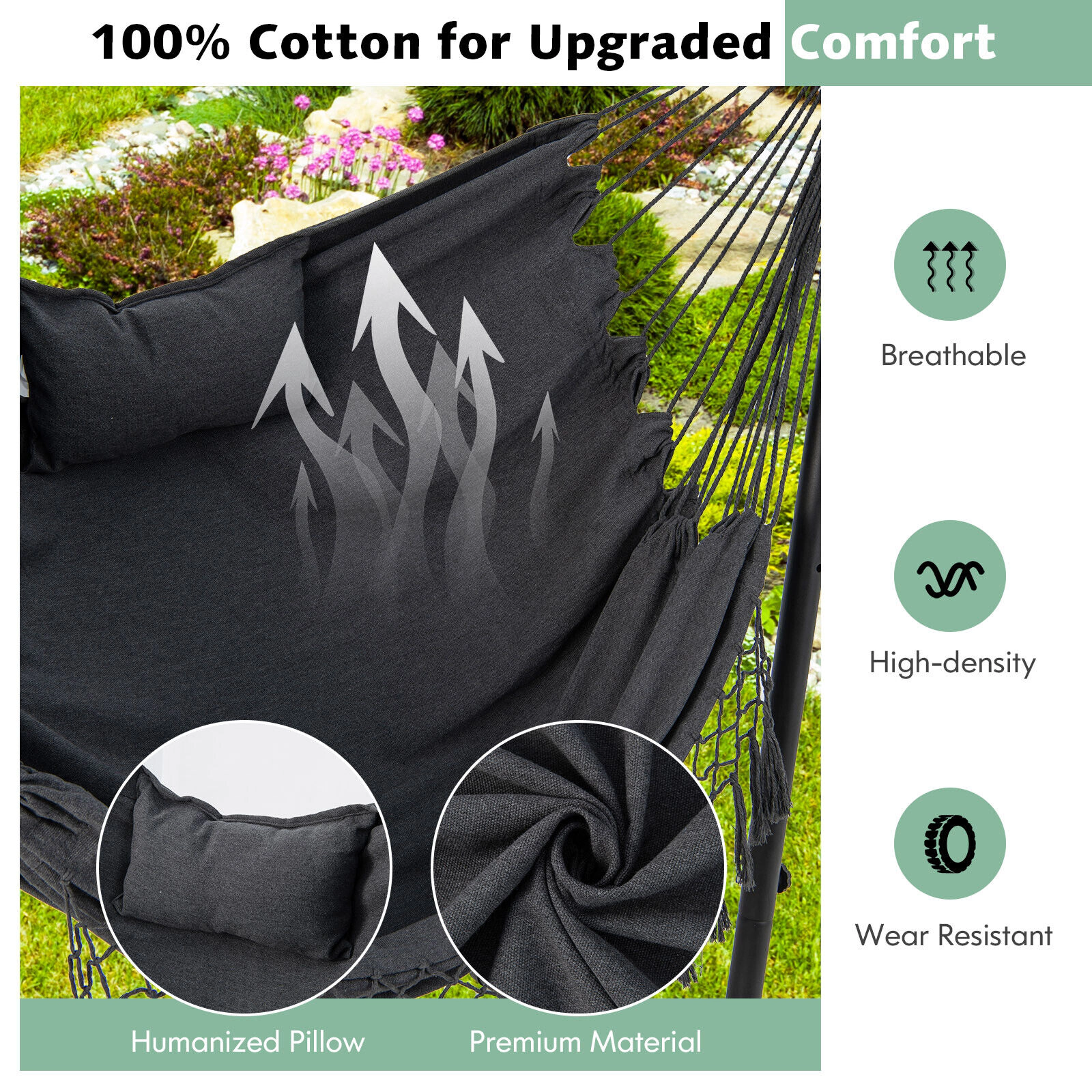 SUGIFT Height Adjustable Hammock Chair with 119° U-Shaped Stand, Phone Holder and Side Pocket 550-lb Capacity Gray