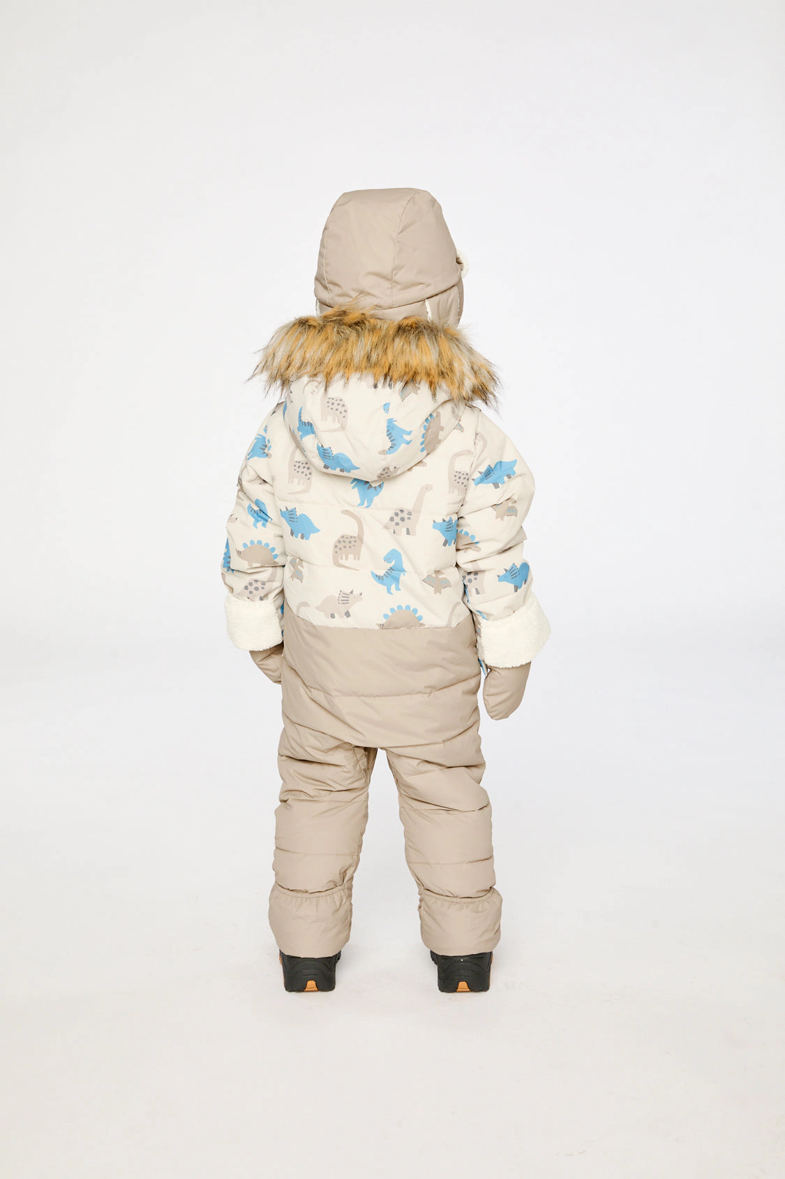Deux par Boys Snug Dinosaur Print One Piece Snowsuit Adapted for Car Seats with Faux Fur-Trimmed Hood