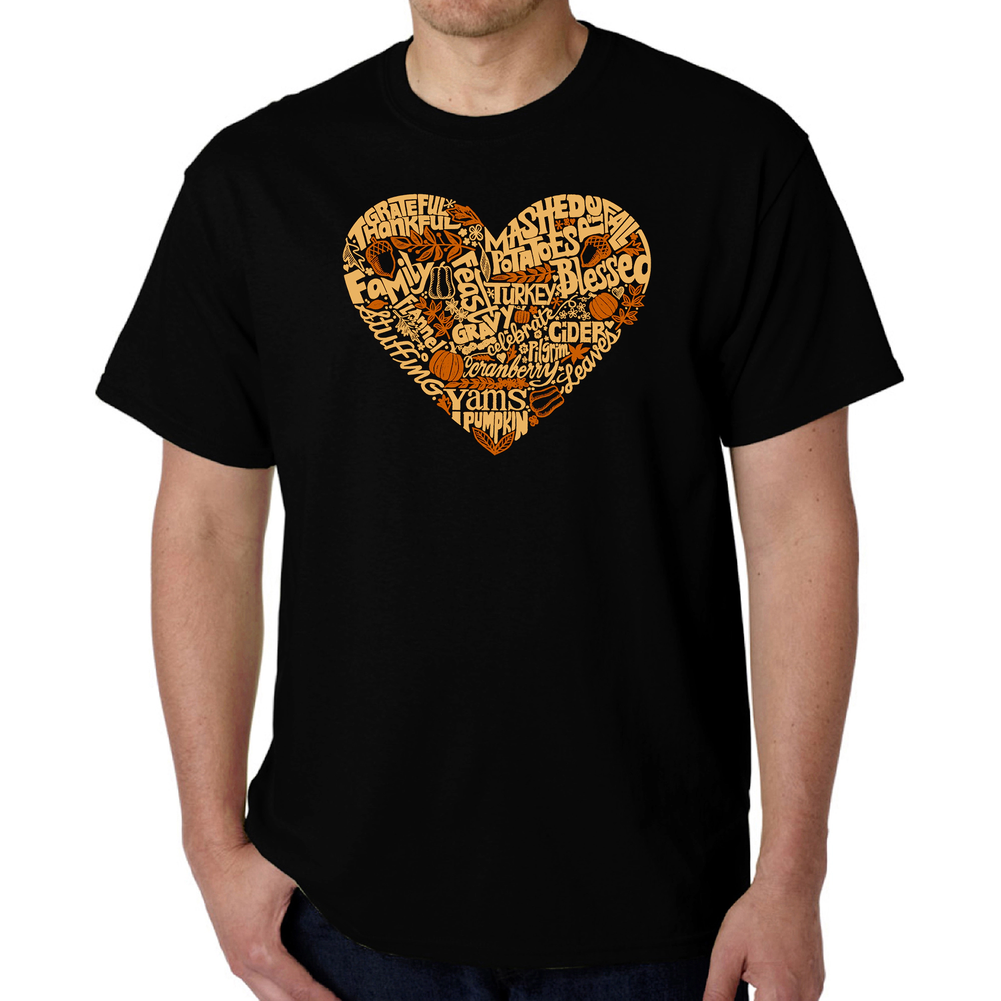 LA Pop Art Men's Thanksgiving Heart Word T-Shirt - 100% Cotton, Crew Neck, Short Sleeve