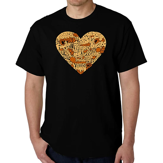 LA Pop Art Men's Thanksgiving Heart Word Art T-Shirt - 100% Cotton, Crew Neck, Short Sleeve